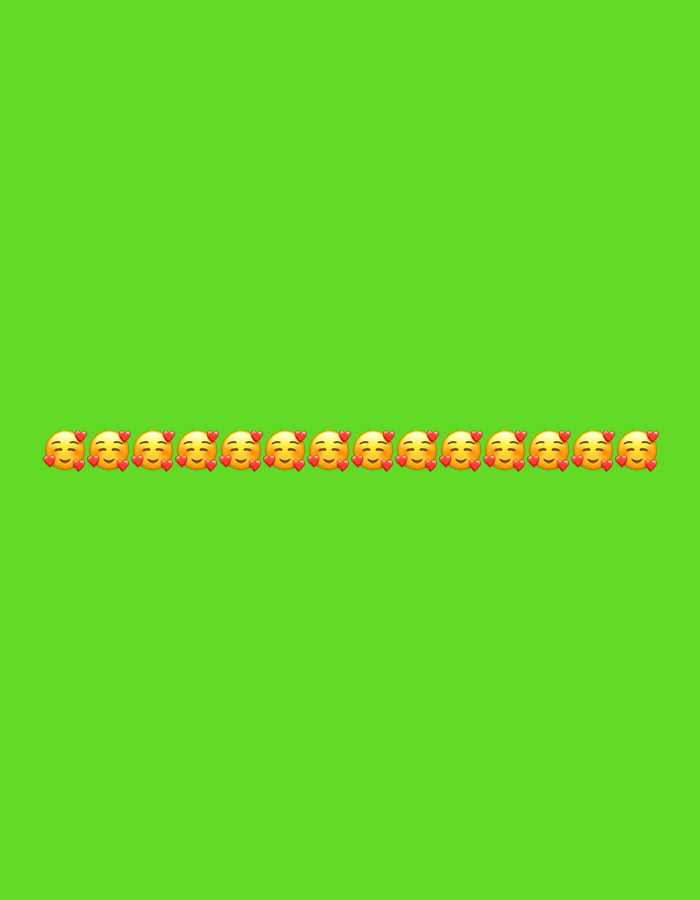 The image displays a row of smiling face emojis with hearts above them, positioned horizontally across the bottom of a solid green background. There are no elements related to the city of Moscow, Russia, present in this image.