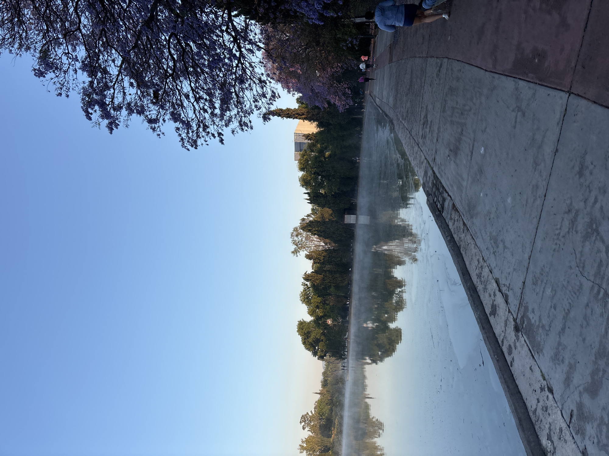 Here's a detailed description of the image:
**Location:** The scene appears to be along a body of water in an urban park. The exact city or location is not discernible from the image.
**Environment:** The photograph captures a clear sky with trees and foliage visible along the edge of the body of water. Reflections of the trees and sky are visible on the water surface. A concrete walkway runs along the water's edge. There appears to be a fountain or some kind of water feature in the middle of the body of water.
**Subjects:**
* There are some people walking along the walkway.
**Objects:**
* Trees
* Water
* Sky
* Concrete Walkway
**Actions/Interactions:**
* People walking along the walkway.
* Reflection of the environment in the water.