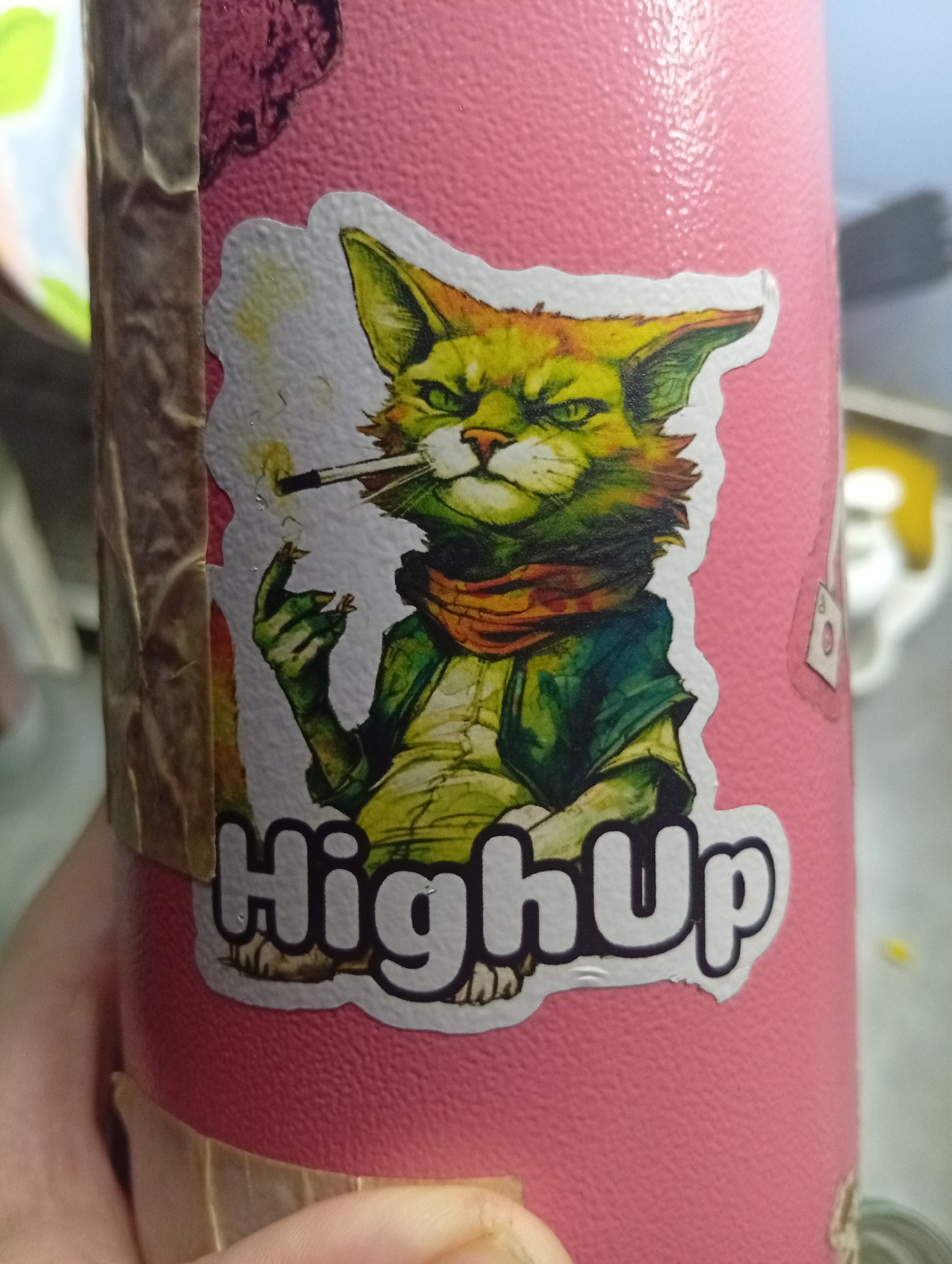 The image shows a pink container with a sticker of an anthropomorphic cat smoking a cigarette. The cat is depicted with green and yellow coloring, a red scarf, and a dark green jacket. Below the cat image, the word "HighUp" is written in bold white letters with a black outline. The container is being held by a hand. There is no information to indicate the location is in Buenos Aires, Argentina.