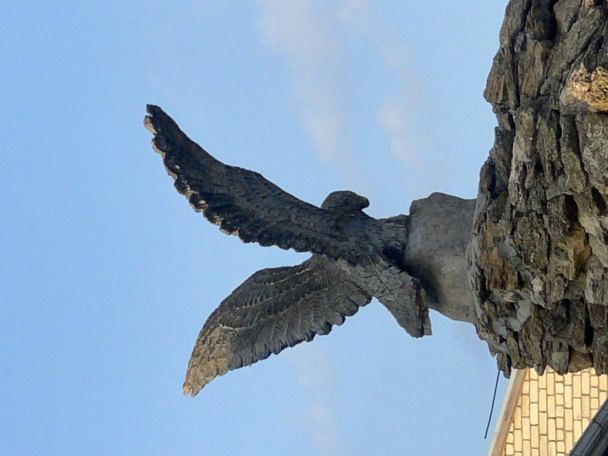 The image shows a close-up, low-angle view of a dark, stone sculpture of a bird with outstretched wings, set against a bright blue sky with a few wispy clouds. The sculpture is attached to a rocky, textured surface, which appears to be part of a building or monument. The bird's wings are spread wide, with detailed feather textures visible. The body of the bird is relatively smooth, with a sharp beak. A portion of a building with brickwork is visible in the lower right corner. The overall impression is of a majestic bird captured in mid-flight. The lighting suggests it is daytime, possibly morning or afternoon, with clear weather. The location cues, such as the brickwork and the architectural style of the supporting structure, are consistent with an outdoor setting in Donskoye, Russia. There is no visible text in the image.