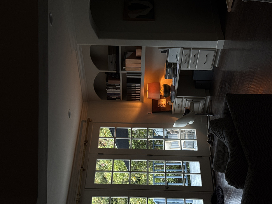 A room interior features a built-in bookcase with arched openings, filled with books and boxes. A desk is adjacent, illuminated by a lamp, with a white chair tucked underneath. A set of French doors lets in sunlight, revealing green foliage outside. Part of a patterned sofa is visible in the foreground. The scene is a mix of light and shadow, with the right side appearing darker than the left.