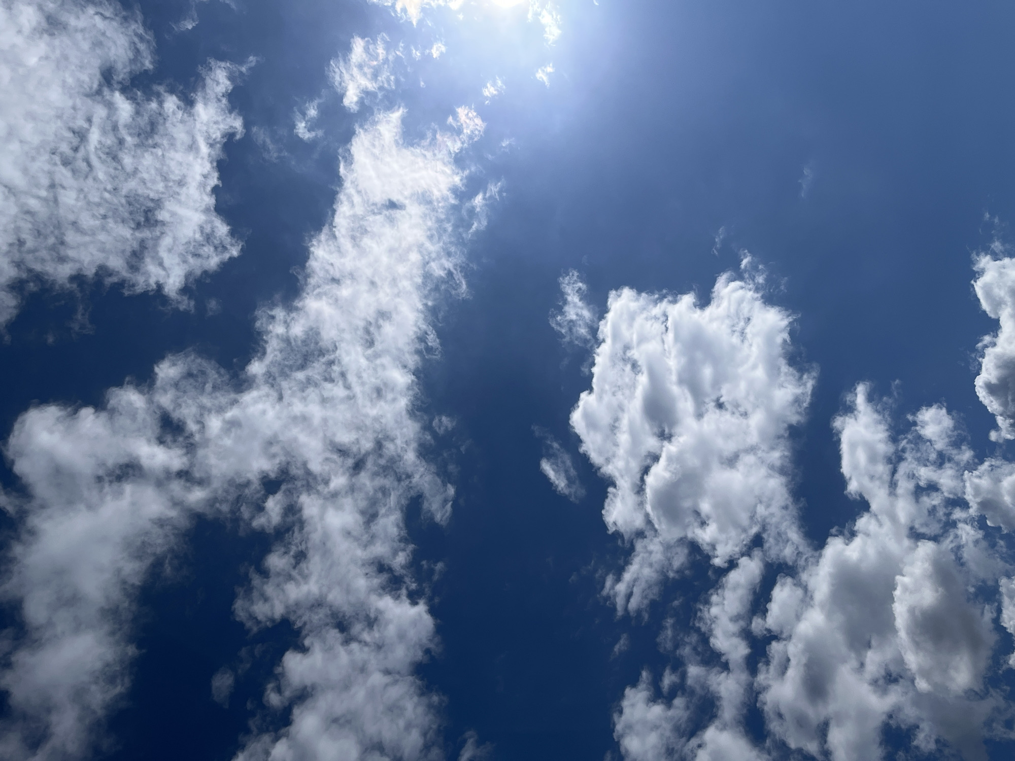 The image captures a daytime view of the sky over Фоки, Russia. Predominantly a clear, deep blue, the sky is dotted with cumulus clouds of varying sizes and shapes. The sun, positioned near the top of the frame, is obscured by thin clouds, producing a bright glare. The clouds are mostly white with some gray shading, suggesting depth and density. No people, subjects, or objects other than the sky and clouds are visible. No actions or interactions are depicted.