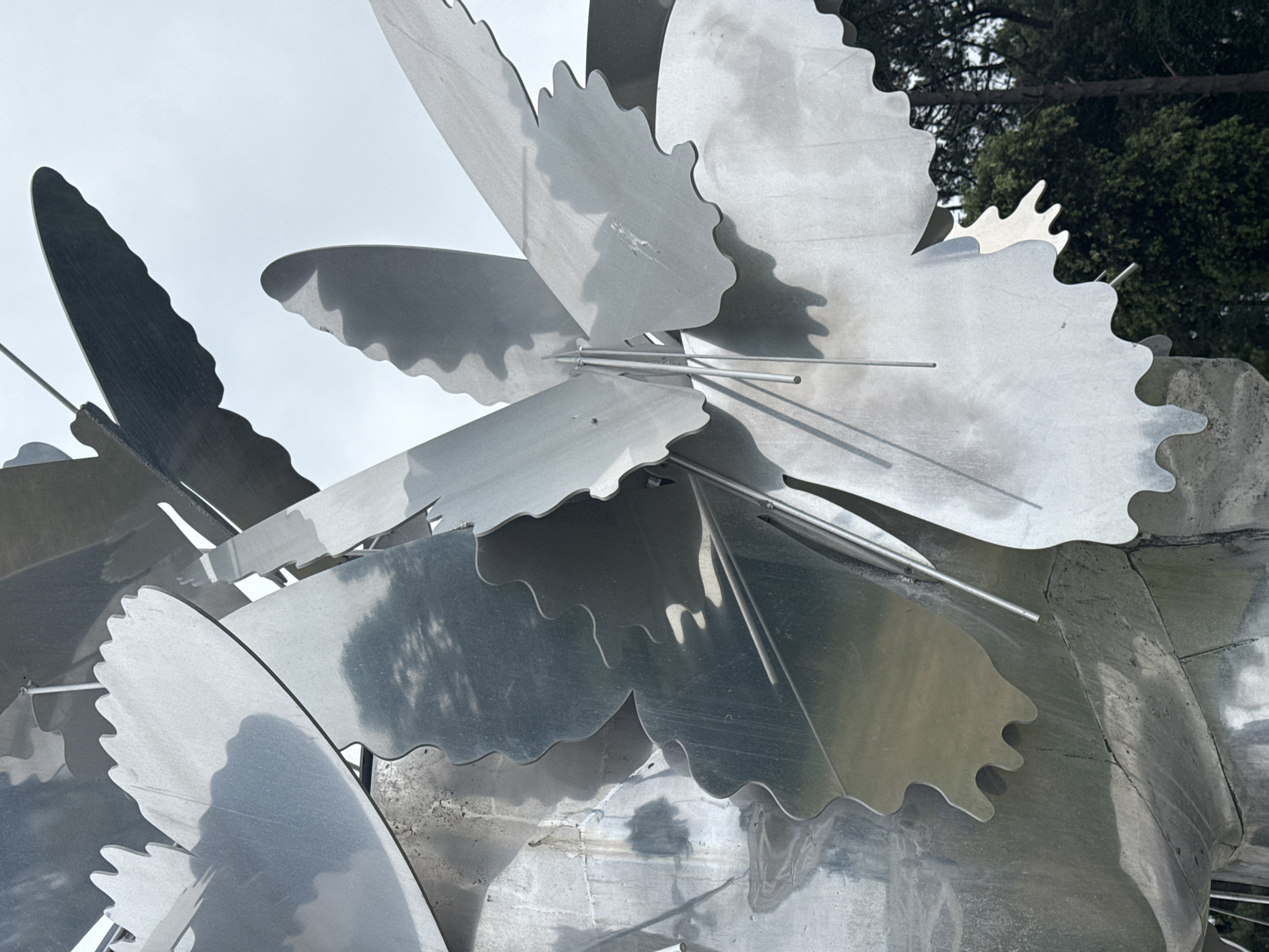 This is a close-up, low-angle outdoor photograph of a large, metallic sculpture made of many large, overlapping, stylized butterfly wing shapes. The sculpture is primarily silver and reflects the sky and surrounding trees. The wings have scalloped edges and are attached to thin metal rods. The sky is overcast and appears bright white. In the background, the dark green tops of trees are visible against the sky. The sculpture appears to be located in a park or open area. The specific location in the city of Santander, Spain, is not discernible from the image itself.