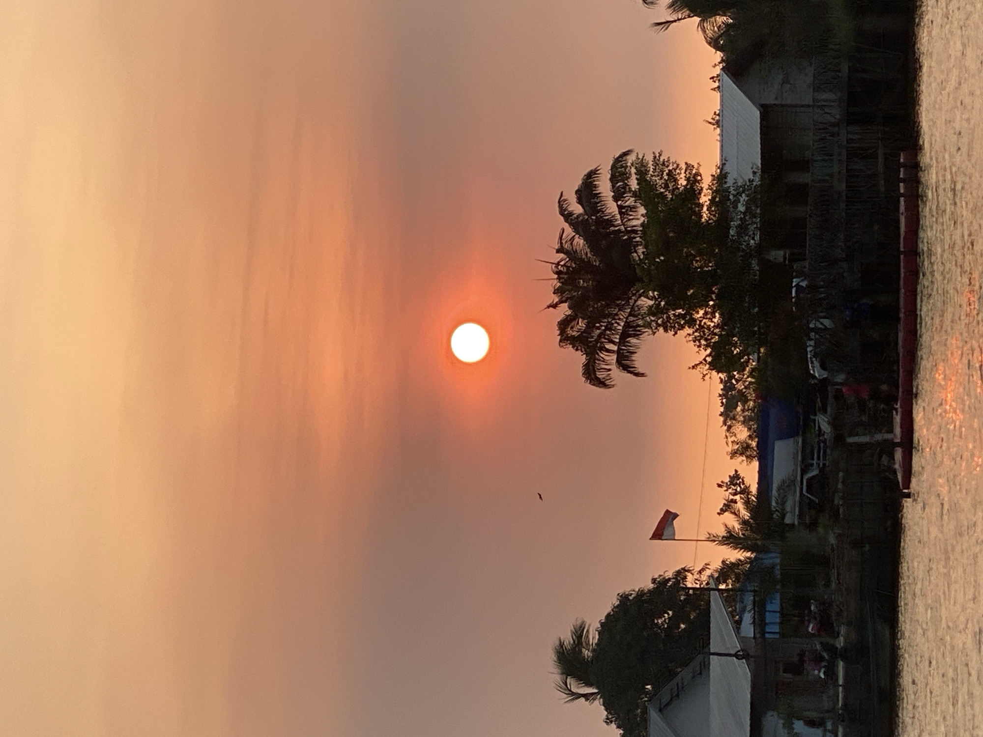 The image depicts a serene sunset scene in Sungai Pitung, Indonesia. The sky is ablaze with warm orange and pink hues, with the sun a bright, glowing orb near the center. A small bird is visible in flight against the vibrant sky. In the foreground, a body of water reflects the colors of the sunset. On the bank, several structures are visible, including houses with corrugated metal roofs and wooden platforms. A truck is parked near one of the houses. Lush green trees, including palm trees, dot the landscape, their silhouettes contrasting with the bright sky. An Indonesian flag, red and white, waves from a flagpole. There are a few people visible, some near the houses and others on a floating structure in the water. The overall atmosphere is peaceful and tranquil, capturing the beauty of a tropical sunset.