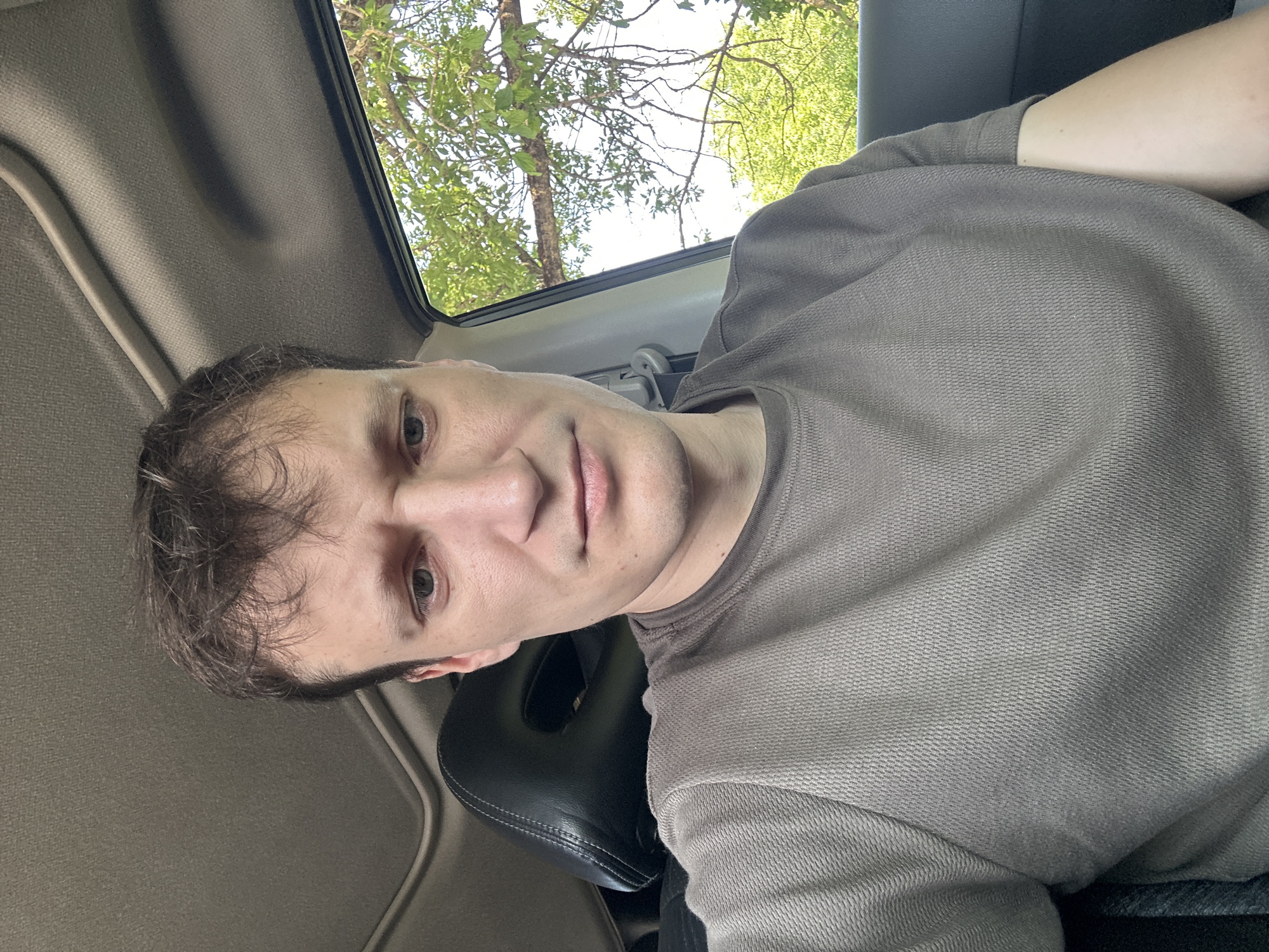 A man is taking a selfie in a car. He is wearing a brown t-shirt and has short brown hair. The man is looking at the camera with a neutral expression. The background shows the interior of the car and a tree with green leaves outside the window. The scene is lit by natural daylight. The image is a medium shot, focusing on the man's face and upper body.