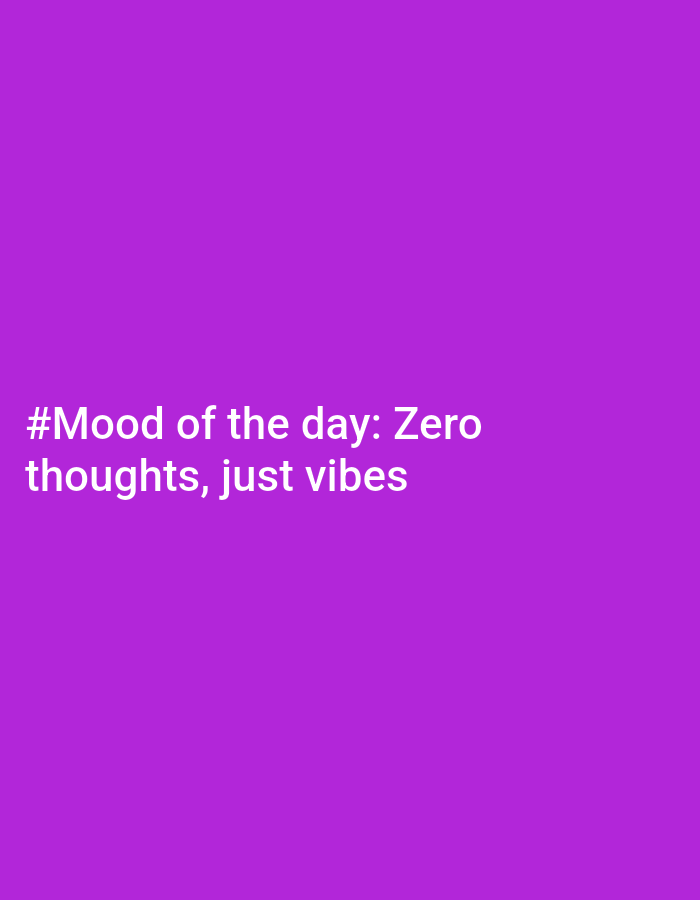 The image is a digital graphic featuring a uniform purple background. White sans-serif text is centered in the lower portion of the frame, spanning two lines. The text reads: "#Mood of the day: Zero thoughts, just vibes". No individuals, physical objects, or environmental context such as buildings, landscapes, or street features are present, precluding the identification of a specific location within the city of Chaikovsky, Russia, or any other geographic area. The scene depicts only textual information on a solid color field.