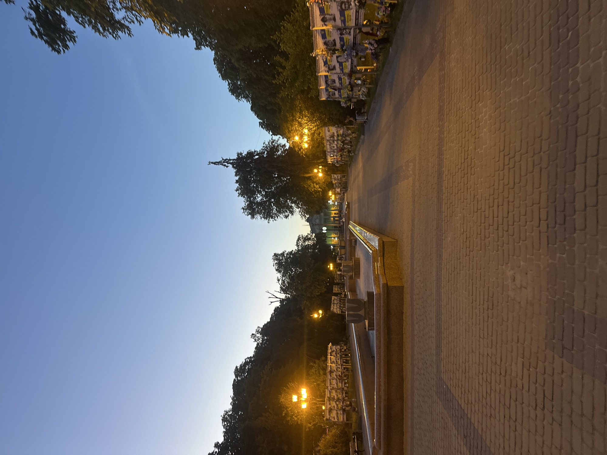 The image depicts a public space in Ternopil, Ukraine, at dusk. The scene is dominated by a wide, paved walkway lined with trees on both sides. On the left, a long, tiered fountain structure is visible, its stone edges illuminated by warm, artificial lights. Several lampposts with multiple glowing bulbs are positioned along the walkway, casting a yellowish light and creating long shadows on the pavement.
On the right side of the walkway, a series of large banners are displayed, each featuring portraits and what appear to be informational details. These banners are accompanied by numerous flowers and crosses, suggesting a memorial or tribute. A few individuals are seated or standing near these banners, observing the display. The sky is a clear, pale blue, transitioning to a darker hue at the top, indicating the end of daylight. The overall atmosphere is somber and reflective, with the artificial lighting adding a dramatic touch to the twilight setting.