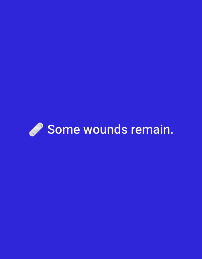 The image displays a solid, dark blue background. Positioned centrally in the lower half of the frame is a white adhesive bandage icon, oriented diagonally with its bottom-left end pointing downwards. To the immediate right of the bandage, white sans-serif text reads: "Some wounds remain." The scene is a minimalist graphic design, providing no discernible information regarding a physical environment, geographical location such as Casablanca, Morocco, or any people, subjects, actions, or interactions.