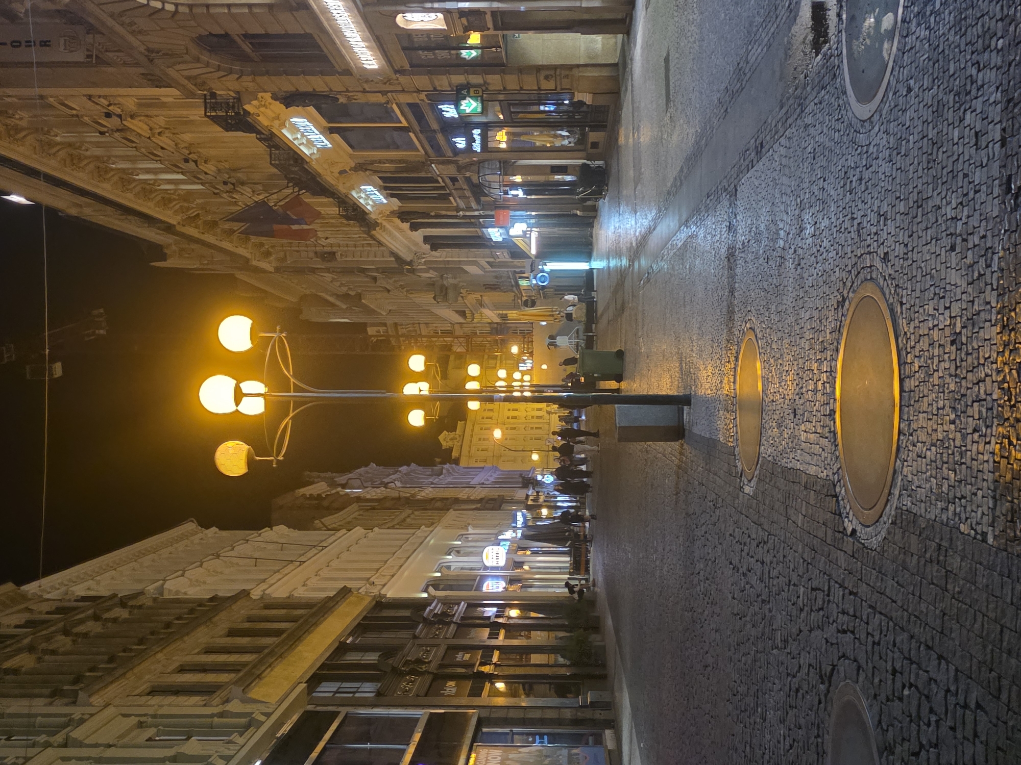 The image captures a nighttime view of Na Příkopě street in Prague, Czech Republic, looking east towards Můstek metro station. The pedestrian street is paved with dark grey cobblestones, featuring a central strip of lighter grey stones and several circular, metallic ground elements that reflect the warm yellow light from numerous streetlamps. The street appears damp in various sections, indicating recent moisture.
Multi-story, ornately decorated classical buildings flank both sides of the street, featuring detailed facades, cornices, and large windows. The ground floors house various retail establishments, illuminated by their storefronts and internal lights. On the right side, a Czech Republic flag is prominently displayed from a building. Visible shop signs on this side include "Lindt" and a green metro entrance sign with a white "M" and "A B" indicating Můstek station. Further down on the right, partial signs for "GIFT SHOP" and "BEER SHOP" are discernible. On the left side, shop signs include "OPTICAL ON" and a partial "GAMING NOW" display.
A tall, dark grey streetlamp post with four spherical, warm yellow lights stands in the mid-ground, slightly left of center. Additional similar streetlights illuminate the path further down the street. Scattered indistinct pedestrians are visible in the mid-ground and background, either walking away from or towards the viewer, appearing as silhouettes against the illuminated shopfronts. A dark grey rectangular bollard is positioned near the central streetlamp, and a green municipal waste bin is visible further down on the left. The sky above is dark and featureless.