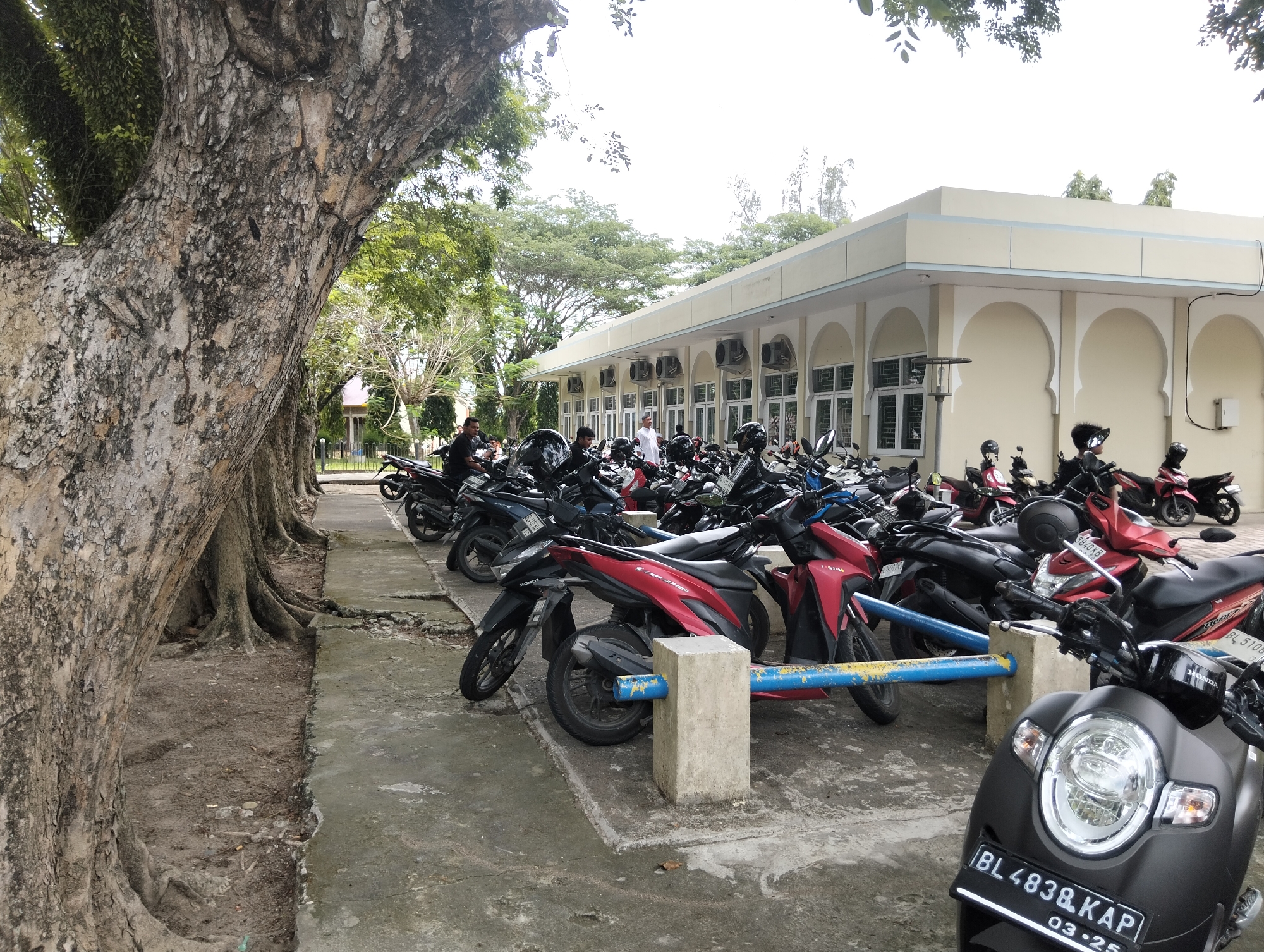 The image depicts a parking lot filled with numerous motorcycles, predominantly scooters, outside a building with arched windows and air conditioning units. A large, textured tree with exposed roots dominates the left foreground. The ground is a cracked concrete surface, with patches of dirt and debris visible. In the background, a light-colored building with a cream-colored facade and beige arched accents is visible, suggesting it could be a public facility. Several people, mostly men, are either standing or sitting on motorcycles. One man in a white shirt and headwear is standing near the entrance of the building. Another man in a black shirt is visible to the left. The scene appears to be an outdoor area in Tambontunong, Indonesia, given the presence of local license plates on some of the motorcycles. The overall impression is one of a functional, everyday scene in an Indonesian urban or semi-urban environment.