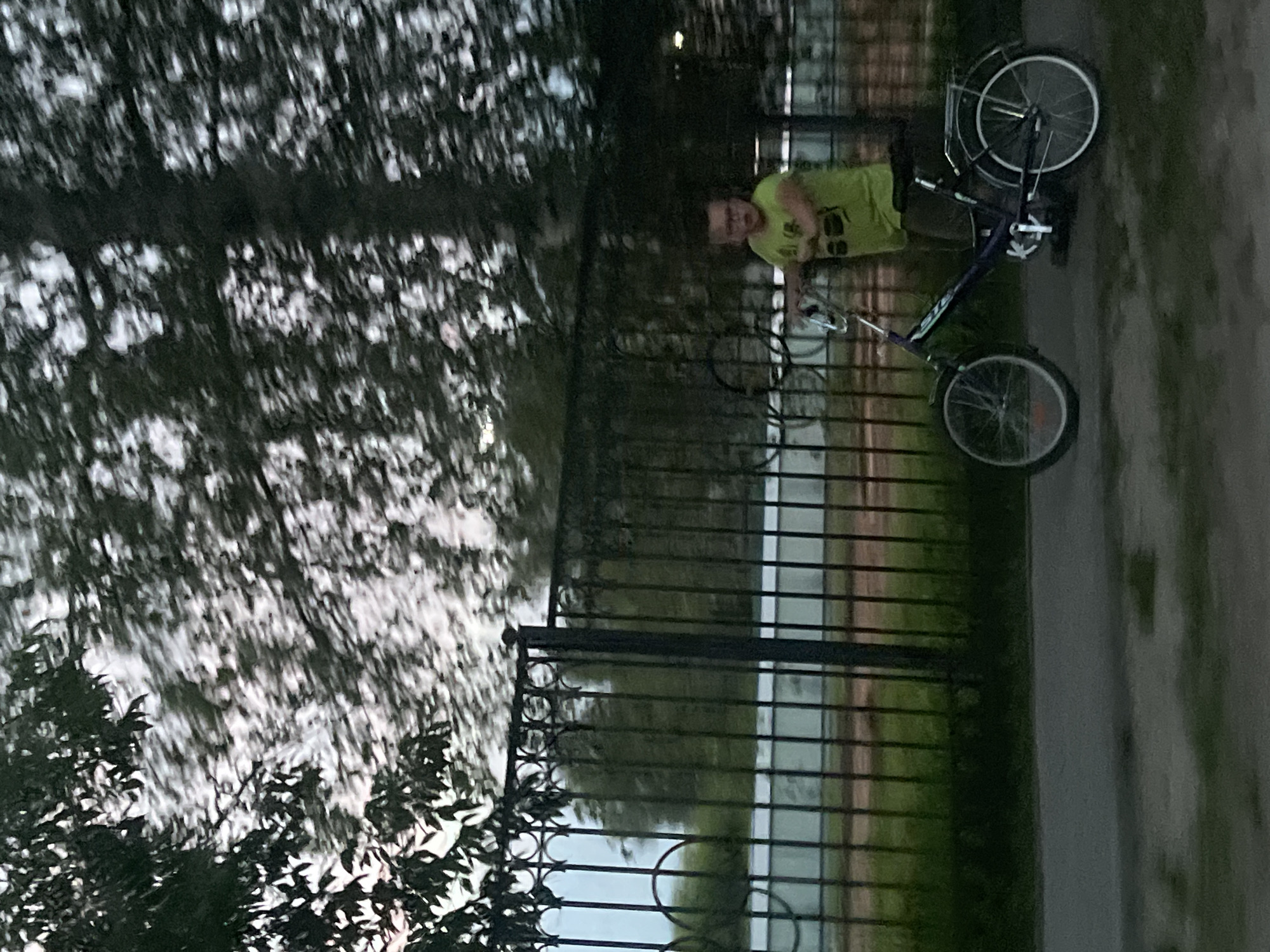The image depicts a scene in Красные Баки, Russia, during what appears to be twilight or early evening. A young male, wearing glasses and a lime-green short-sleeved t-shirt with a graphic design, stands on a dark paved path. He is positioned to the right of a dark-framed bicycle, which has silver-colored handlebars and wheel rims, and a rear fender and rack. The boy is holding the bicycle's handlebars with both hands, appearing to walk or push the bicycle rather than ride it.
Behind the boy and bicycle, a dark metal fence with decorative circular motifs along its top edge and vertical bars extends across the midground. Beyond this fence, a lighter-colored, simpler fence or railing is visible, with green foliage and distant structures further in the background. The upper portion of the image is dominated by dense, dark tree foliage against a pale, possibly overcast or cloudy sky. The trees and background elements exhibit significant motion blur, suggesting either camera movement during a long exposure or the inherent blur of low-light conditions. Green grass borders the paved path.