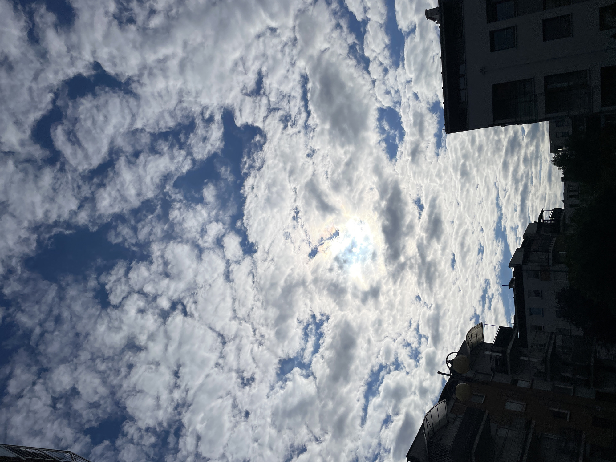The image depicts an urban sky filled with scattered white and gray clouds against a deep blue sky. The sun is partially visible, creating a bright, iridescent halo effect amidst the clouds. In the lower portion of the frame, silhouettes of buildings are visible, suggesting an urban environment. The building on the left appears to be a multi-story apartment complex with balconies and awnings, while the building on the right is a more modern structure with large windows and balconies. Trees and greenery are present in the foreground, further emphasizing the urban setting. The perspective is looking upwards, capturing a broad view of the sky and the tops of the buildings.
