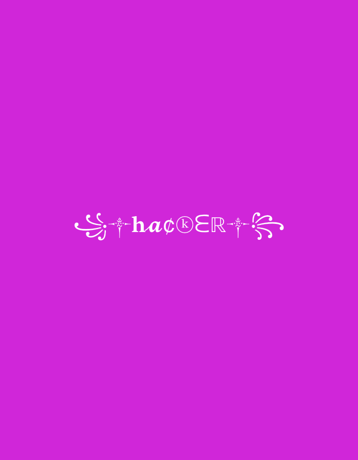 The image displays a solid magenta background. Centered horizontally in the lower half, white stylized text reads "hac€(K)ER". The word is flanked by intricate white swirly decorative elements, with smaller star-like symbols appearing before "hac", between "hac" and "€(K)", and between "ER" and the final swirl. The letter "c" is replaced by a symbol resembling a Euro sign or a 'c' with a line through it, and the letter "K" is encircled. The letter "E" in "ER" appears to be the mathematical "element of" symbol (∈). No people, specific objects beyond the text, or discernible activities are depicted. The solid background provides no cues for time of day, weather, or a specific location.