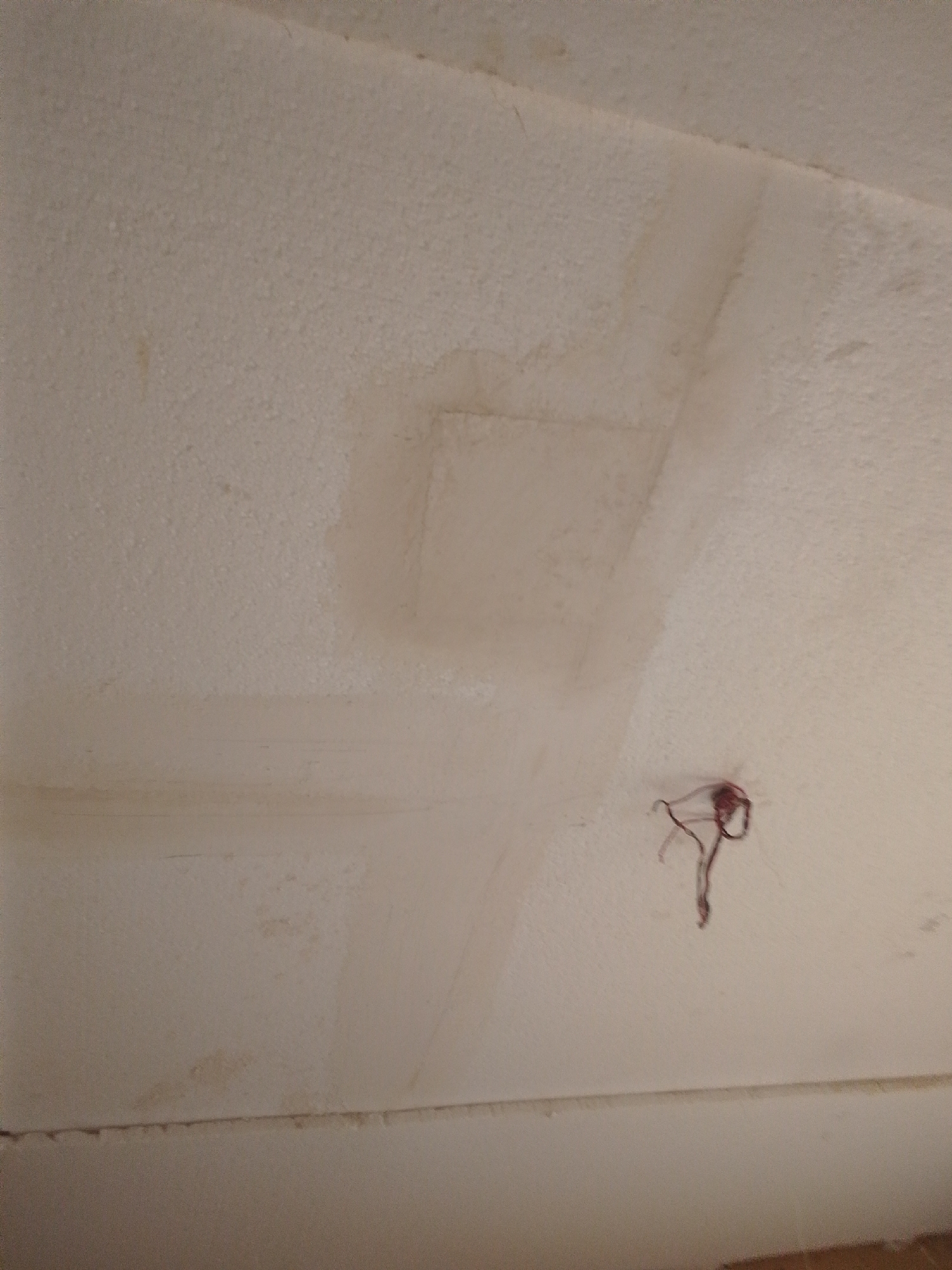 The image depicts a stained, textured white ceiling in what appears to be an indoor space in New Stadium, Nigeria. There are visible water stains and discoloration on the ceiling, suggesting a potential leak or historical water damage. In the lower right quadrant of the image, a bundle of dark red or brown wires is suspended from the ceiling, possibly indicative of an unfinished electrical fixture or exposed wiring. The ceiling material has a slightly granular or porous texture. The overall lighting is dim, casting soft shadows. The environment appears to be a room or structure undergoing or having undergone some form of construction or repair.