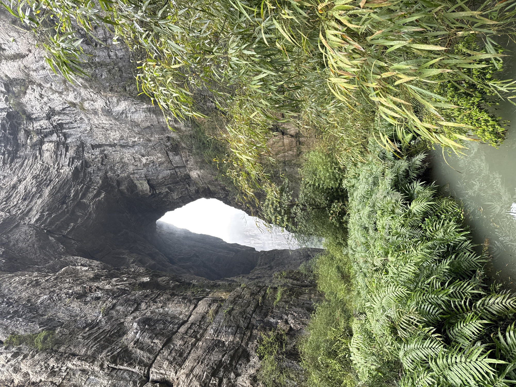 The image depicts a scene from the Three Natural Bridges in the Wulong District, Chongqing, China. A large natural bridge formation is visible, with a sizable opening carved through the rock. The stone is grey. On the right, vegetation, including ferns and trees, lines a narrow body of water. The sky is bright. There are no visible people, interactions, or actions.