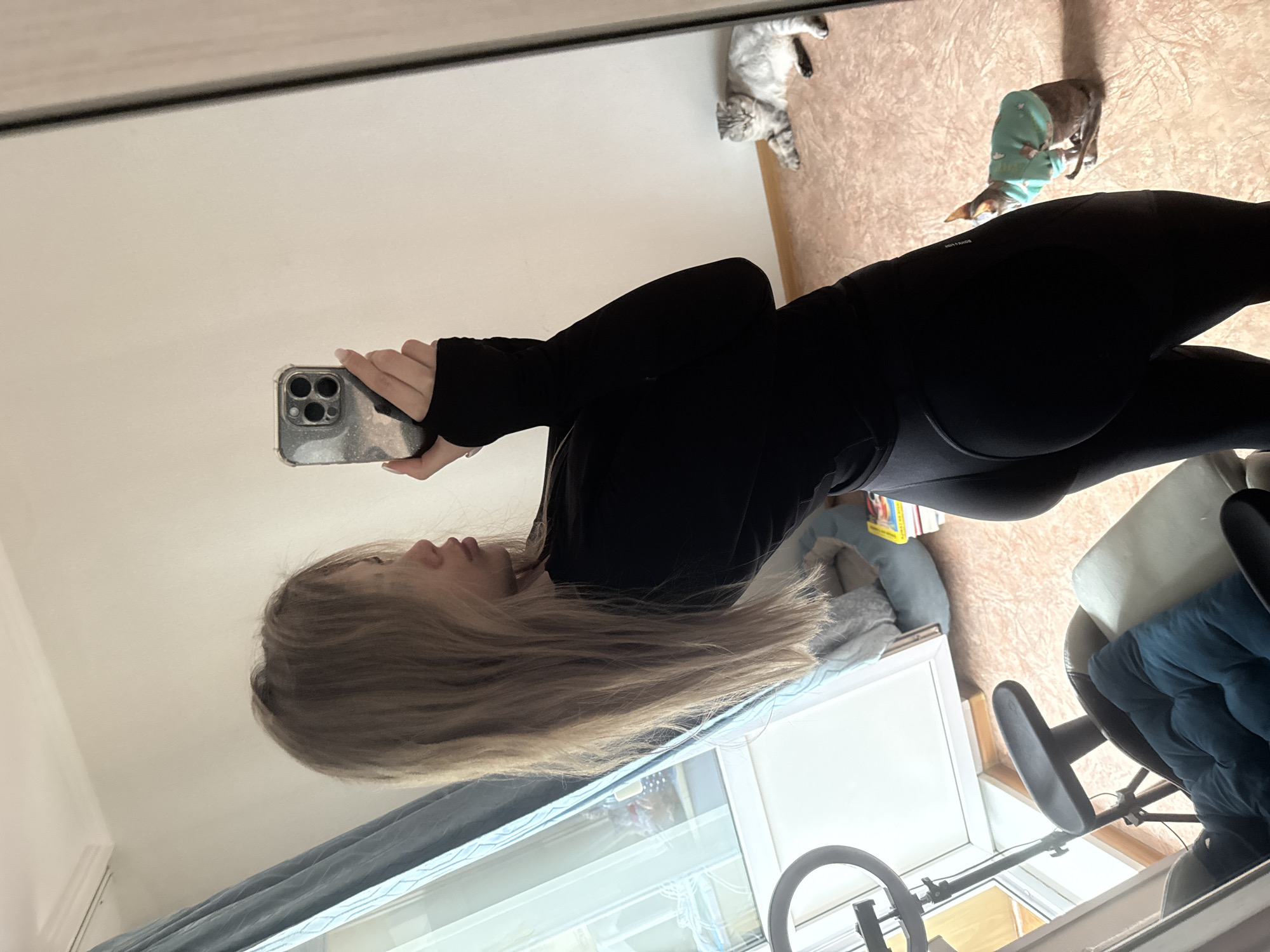 The image shows a young woman in athletic wear taking a mirror selfie in what appears to be a bedroom. She has long, blonde hair and is wearing a black long-sleeved top and black leggings. Her phone, a silver iPhone, is visible in her hand. In the reflection of the mirror, two cats are visible on the floor. One is a grey tabby cat lying down, and the other is a shorter-haired cat wearing a green sweater, sitting. A ring light and a tripod are positioned to the left of the woman. A chair with a blue cushion is also in the foreground. The room has light-colored walls and a patterned floor. The overall impression is a casual, domestic setting.