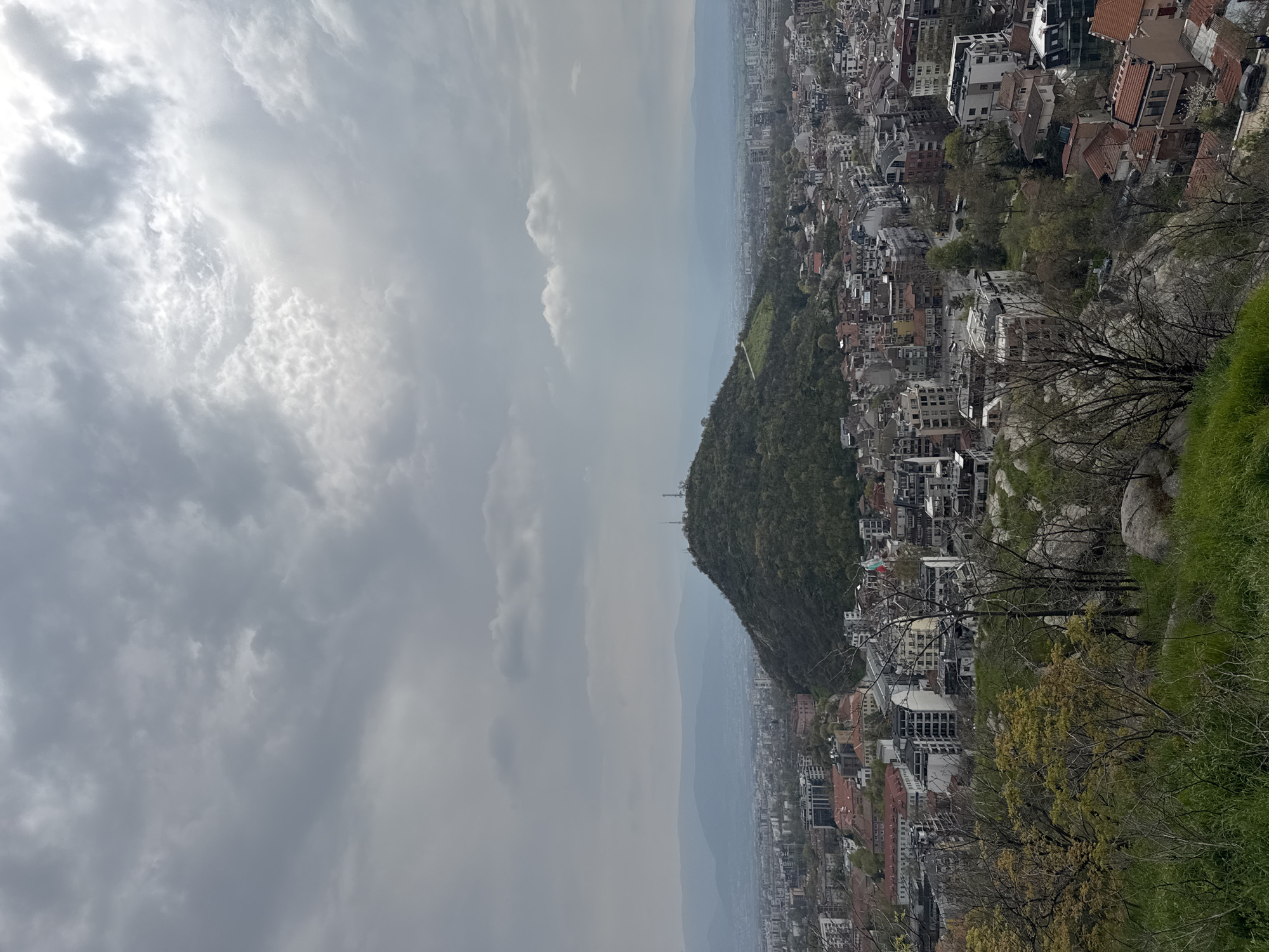 The image depicts a high-angle view of the city of Plovdiv, Bulgaria, likely captured from the top of a hill. The sky is overcast with grey clouds. A large, green, forested hill rises prominently in the center of the frame. The cityscape extends beyond the hill, consisting of buildings of varying heights and colors. In the foreground, there is vegetation, including bare trees and green grass. Visible on the top of the hill are transmission towers. The image is rotated to the left.