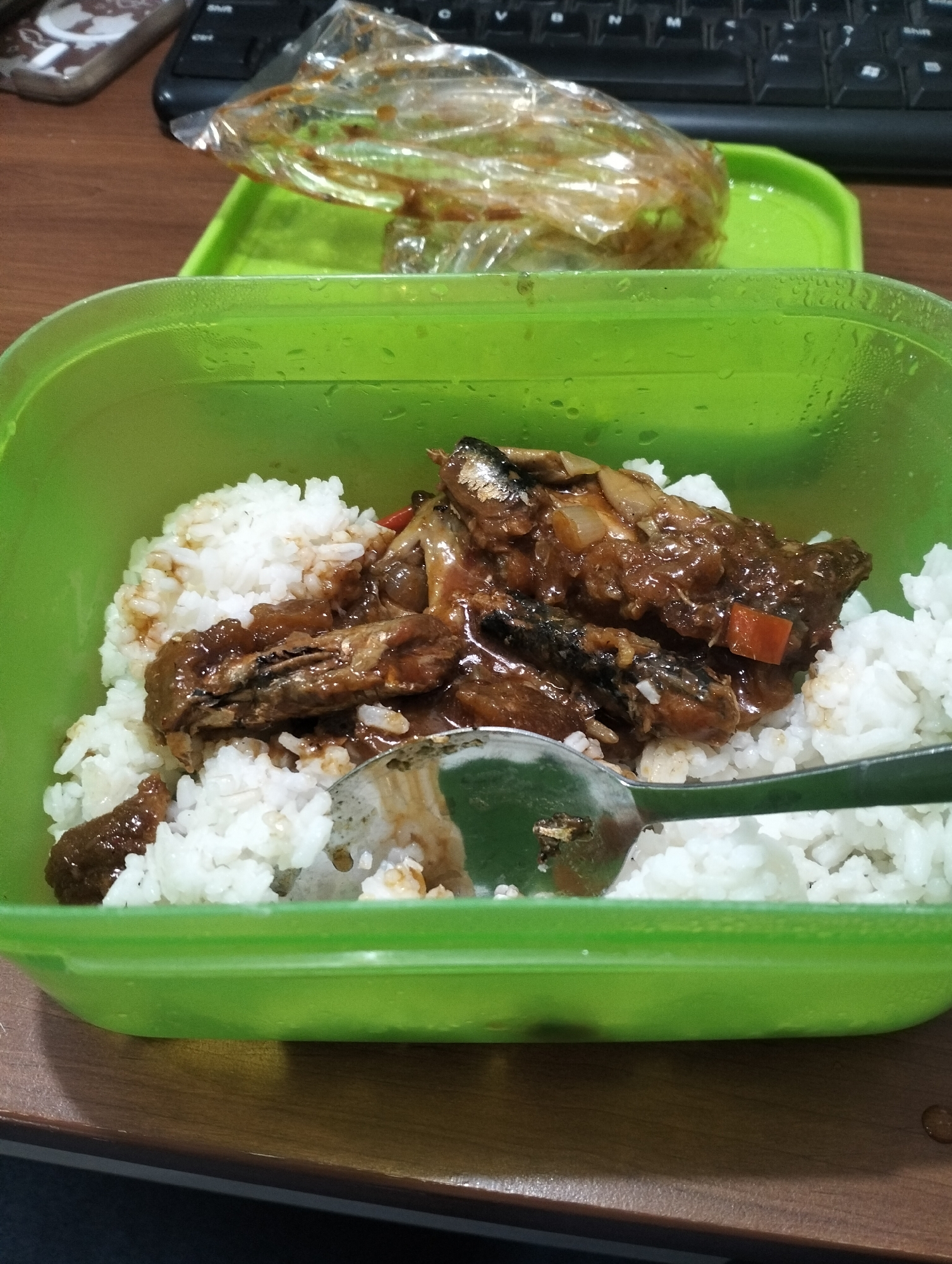 The image shows a green plastic lunchbox filled with white rice and a dark, saucy dish containing fish. A spoon rests on the rice and is partially submerged in the saucy fish. In the background, out of focus, is a keyboard and a clear plastic bag containing more of the saucy fish dish. The lunchbox is placed on a wooden surface. The image is cropped to show the contents of the lunchbox and a portion of the surrounding environment. The scene appears to be indoors, likely in an office or home setting, as suggested by the presence of the keyboard and the desk. No specific location in Wedoro, Indonesia, can be determined from the image itself.