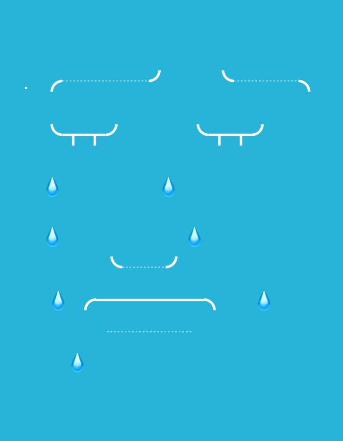 This minimalist graphic features an abstract, stylized sad or crying face set against a solid, bright blue background. The facial features are constructed from simple white lines, some solid and some dotted.
The "eyes" are represented by pairs of lines. Each upper eyelid or eyebrow is an arcing white line with a dotted segment in the middle and a solid curved end. Below these, forming the lower part of the eyes or stylized eyelashes/brows, are horizontal white lines with small vertical segments extending downwards, resembling simplified brackets.
A short, dotted white line segment indicates a "nose." Below this, a longer, solid white line with curved ends forms a downturned "mouth," conveying sadness. Another dotted line is positioned beneath the mouth, further emphasizing the expression.
Scattered across the blue background are several glossy, blue water droplets, resembling emoji-style tears. Three droplets are on the left side of the face, two below the left eye and one further down. On the right, there are four droplets, two below the right eye and two below the mouth area. These droplets strongly reinforce the theme of crying or sadness.
The overall aesthetic is clean, iconic, and conveys a feeling of sorrow or melancholy through simple geometric shapes and the universally recognized symbol of tears. There is no visible text in the image.