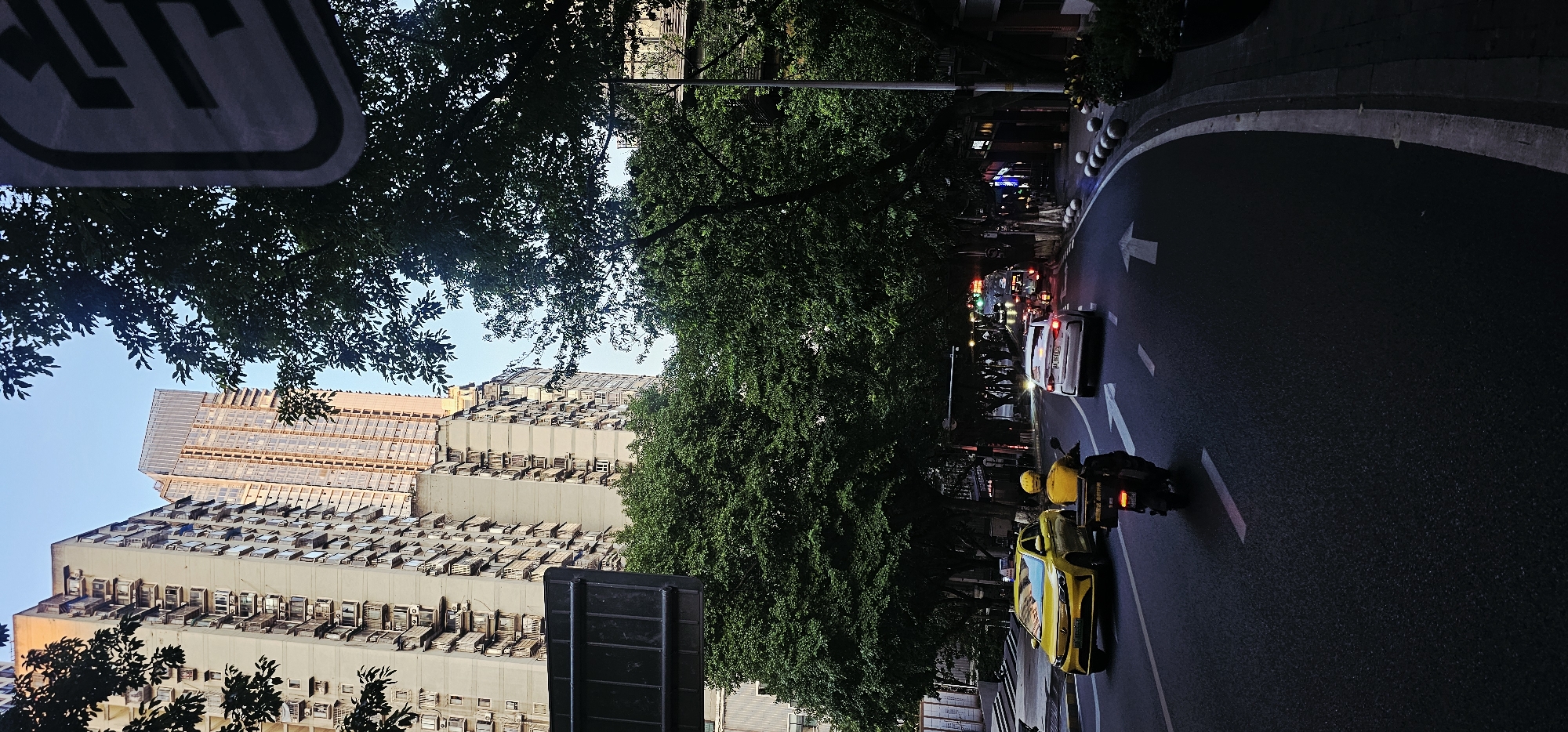 This image shows a street scene in Yuzhong District, China, with tall buildings and lush trees lining the road. The sky is clear and bright blue. In the foreground, a yellow taxi and a white car are driving on the road, with a motorcycle carrying a delivery person in between them. The motorcycle is dark in color with a storage box at the back. The road has white directional arrows painted on it. On the right side of the road, there is a sidewalk with decorative spheres and planters with greenery. The buildings in the background are modern high-rises, one of which has a glass facade. The overall impression is a busy urban environment with greenery interspersed between the architecture.