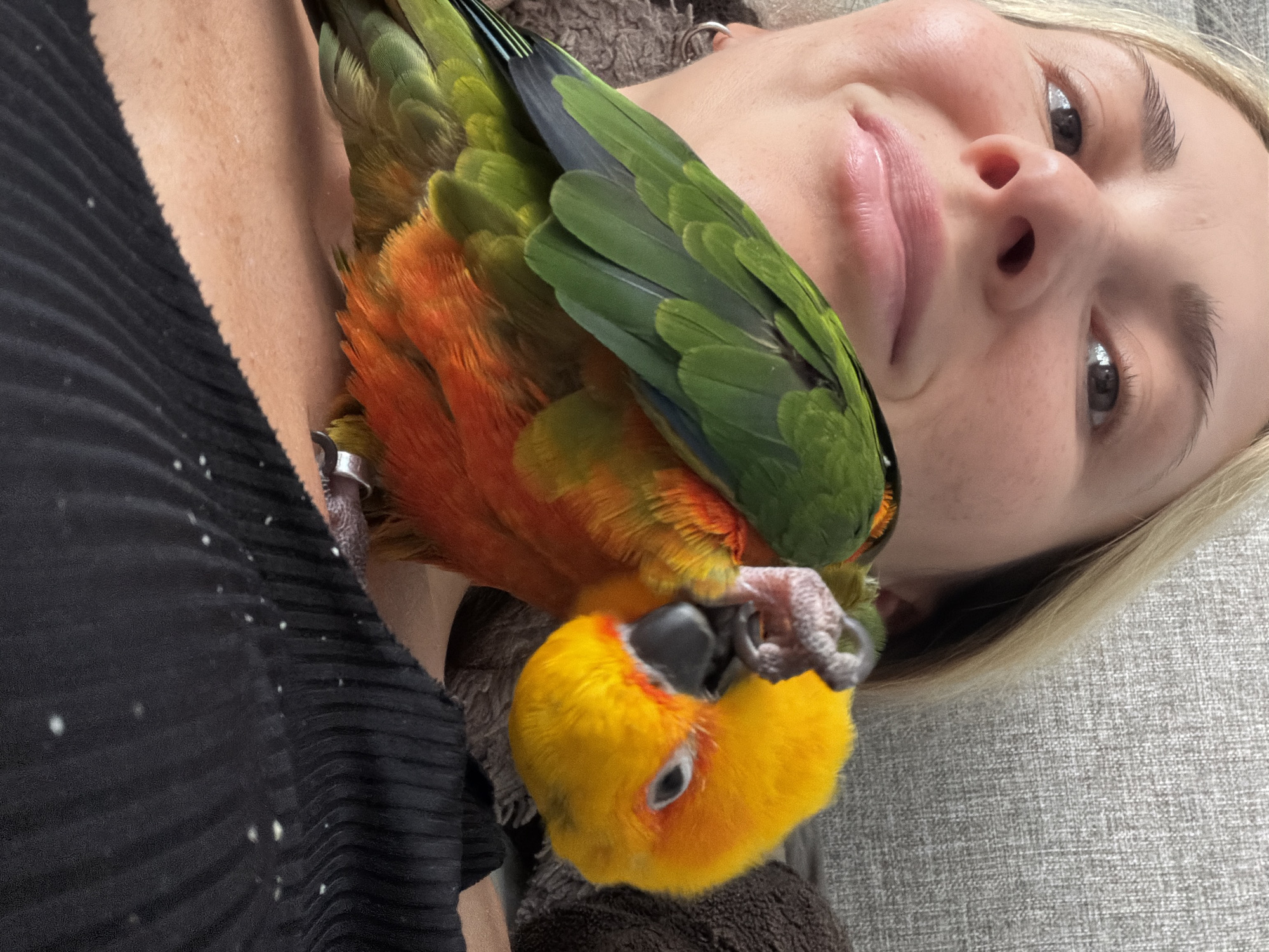 A woman with light skin and blonde hair is holding a colorful parrot against her neck and face. The parrot is predominantly yellow with orange and green feathers. The woman is wearing a black top and appears to be indoors. The environment includes a gray textured surface. The location (Khimki, Russia) is not visually discernible from the image.