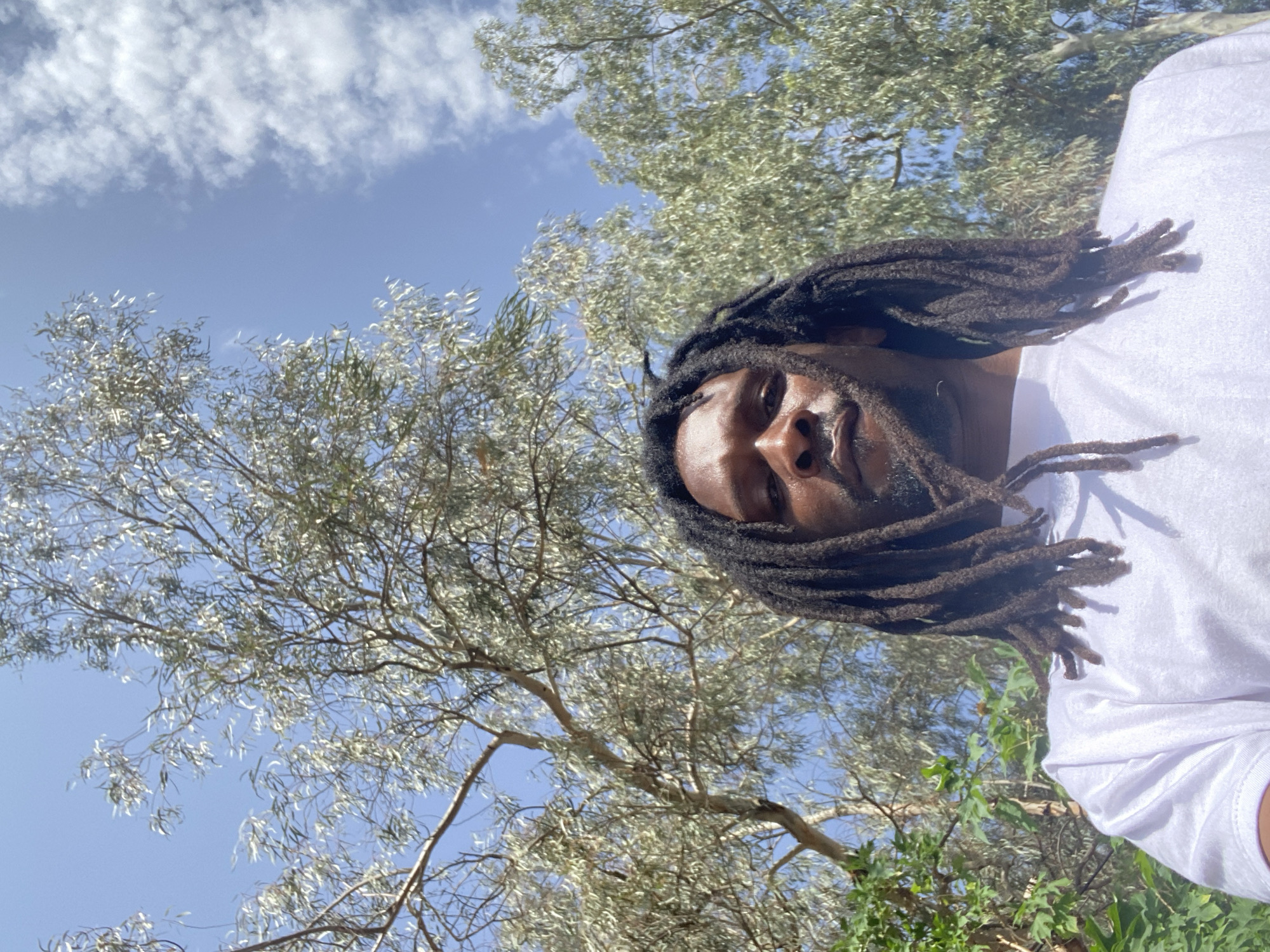 The image is a low-angle, full-body, outdoor selfie of a Black man with dark skin and dreadlocks, wearing a white t-shirt. He is positioned in the lower center of the frame. The background consists of numerous trees with light-colored leaves and branches, set against a bright blue sky with scattered white clouds. The lighting suggests it is daytime and sunny. The specific location in Gura Top, Nigeria, is not discernible from the visual information in the image itself.
