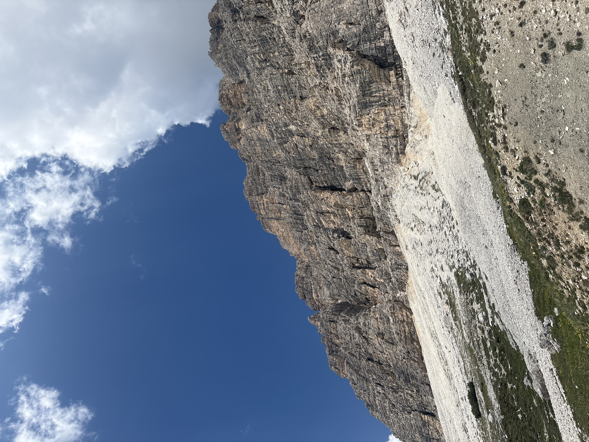The image depicts a dramatic, vertical mountain landscape under a bright blue sky with scattered white clouds. The dominant subject is a sheer rock face, characterized by its textured, weathered surface and numerous fissures and indentations. The rock appears to be a light grey and tan, with darker shadows accentuating its ruggedness.
To the right of the sheer cliff face, the terrain slopes downwards, covered in scree and patches of green vegetation, suggesting a rocky mountainside or slope. Small, sparse bushes and tufts of grass are visible amongst the stones, indicating a high-altitude environment where plant life is hardy and sparse.
The sky is a vibrant, deep blue, suggesting a clear day. White, fluffy clouds drift across the upper left portion of the frame, adding a sense of depth and contrast to the scene. The lighting suggests it is daytime, likely midday given the brightness and the strong shadows on the rock face.
There are no people or man-made objects visible in the image. The scene conveys a sense of natural grandeur, ruggedness, and the raw power of geological formations. The steep incline and the vastness of the rock face evoke feelings of awe and perhaps a touch of isolation. The image is oriented vertically, emphasizing the height and sheer scale of the mountain. There is no visible text in the image.