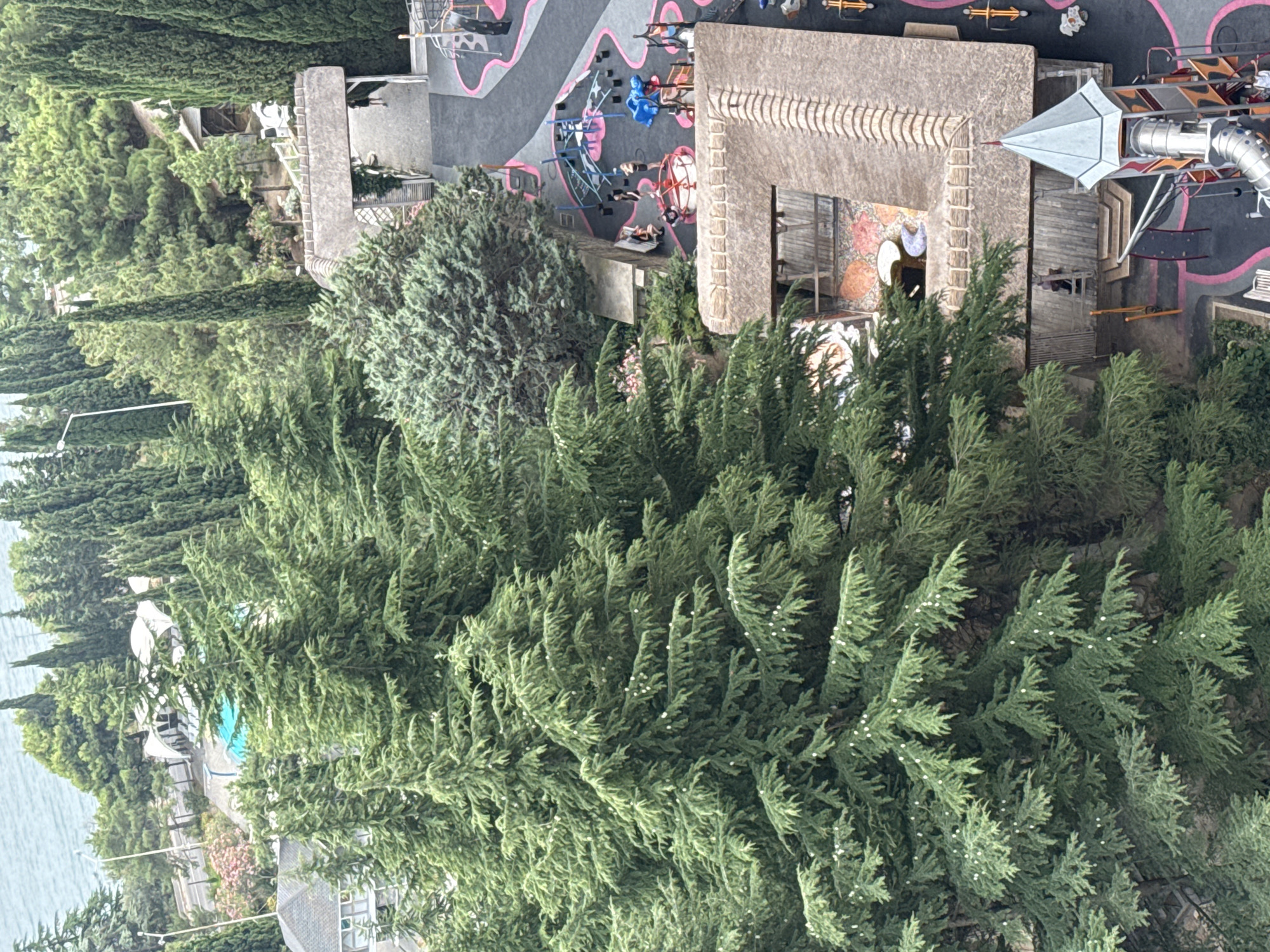 The image shows an aerial view of a playground and surrounding greenery in Yalta, Ukraine. The playground features colorful equipment with pink and black surfacing. Several children and adults are visible on the playground, interacting with the equipment. To the left, a large coniferous tree dominates the foreground. In the background, a swimming pool with white lounge chairs and a covered area can be seen, bordered by a road and more trees. Further back, several buildings and a pathway leading to an archway are visible. The overall scene depicts a recreational area nestled within a lush, green environment.