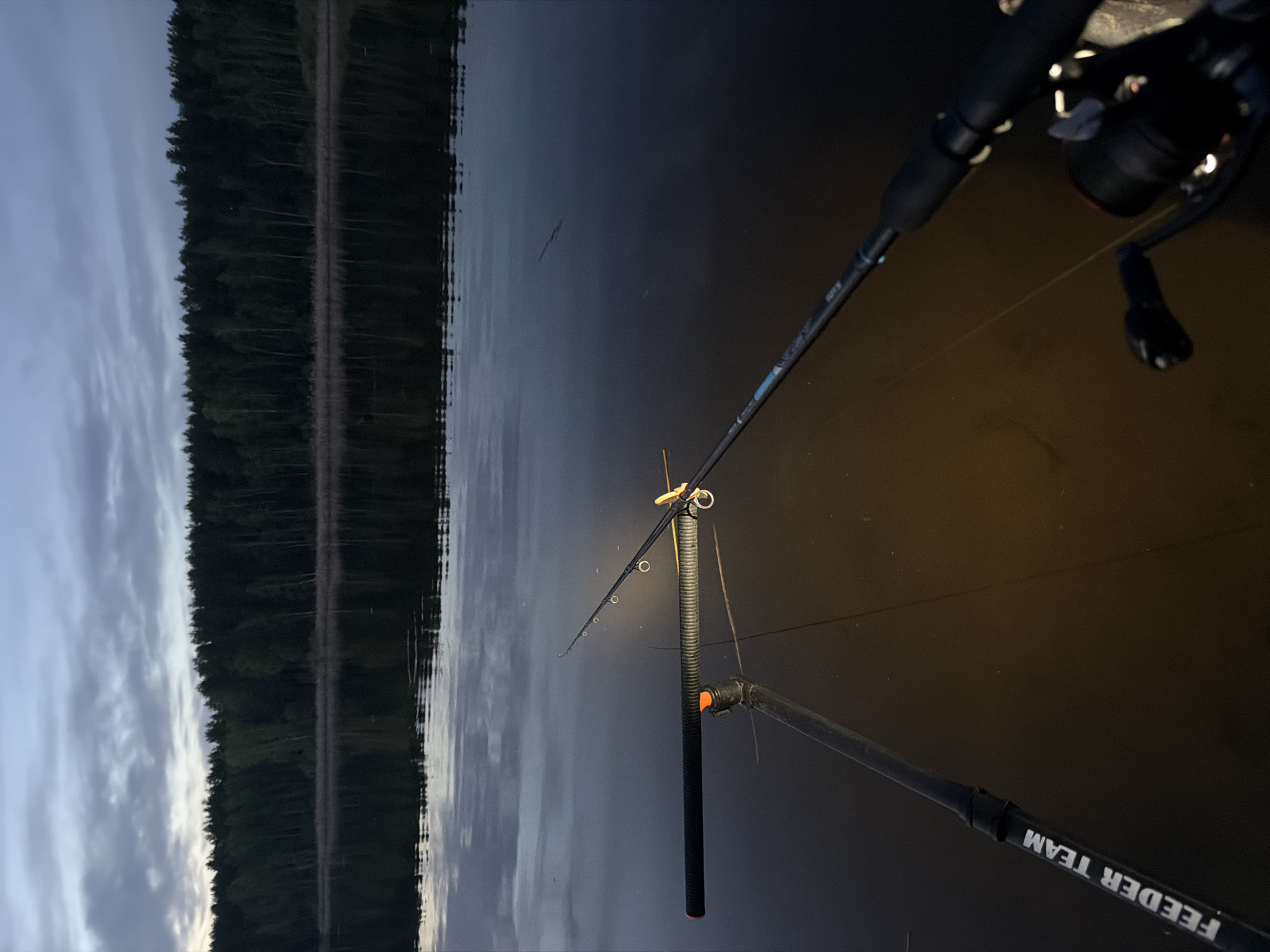 The image depicts a nighttime fishing scene in Chaikovsky, Russia, as indicated by the presence of fishing rods with the inscription "FEEDER TEAM" and a body of water reflecting the surrounding landscape. The scene features three fishing rods angled towards the water, with one rod prominently displayed in the foreground alongside its reel. The background reveals a shoreline with trees and a sky visible in the reflection on the water's surface. The lighting is subdued, contributing to the overall nocturnal ambiance.