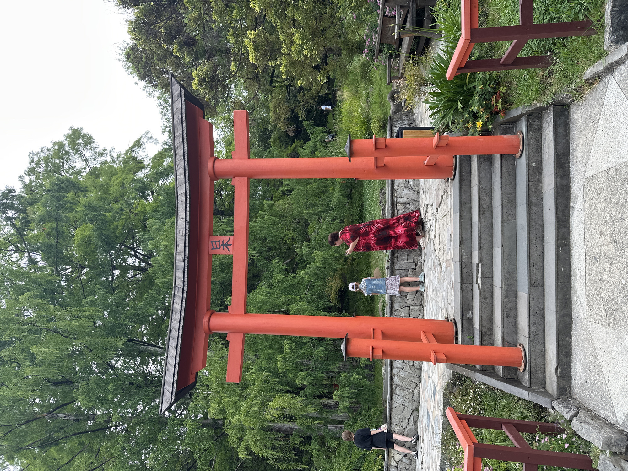 The image depicts a scene at a Japanese-style torii gate, likely in a park or garden setting, given the lush greenery and stone pathways. Three people are visible: an adult woman in a vibrant red dress, a child wearing a blue top and patterned skirt with a white hat, and another person, possibly a child, in a black t-shirt and shorts. The woman in red is gesturing towards the child in blue, while the other individual stands near the base of the torii.
The torii gate is a striking orange-red color and features black detailing on its roof. There are vertical characters inscribed on the left post of the gate. The surrounding environment is dominated by dense green trees and foliage. Stone steps ascend behind the torii, and the ground is paved with a mosaic of stones and larger granite-like slabs. A wooden railing is visible in the background, suggesting a raised walkway or viewing area.
The lighting suggests it is daytime, possibly overcast or with diffused sunlight, as there are no harsh shadows. The overall atmosphere appears peaceful and leisurely, with the people seemingly enjoying the scenery. The presence of the torii gate and the character inscription hint at a Japanese cultural influence or display within the Sochi, Russia location.