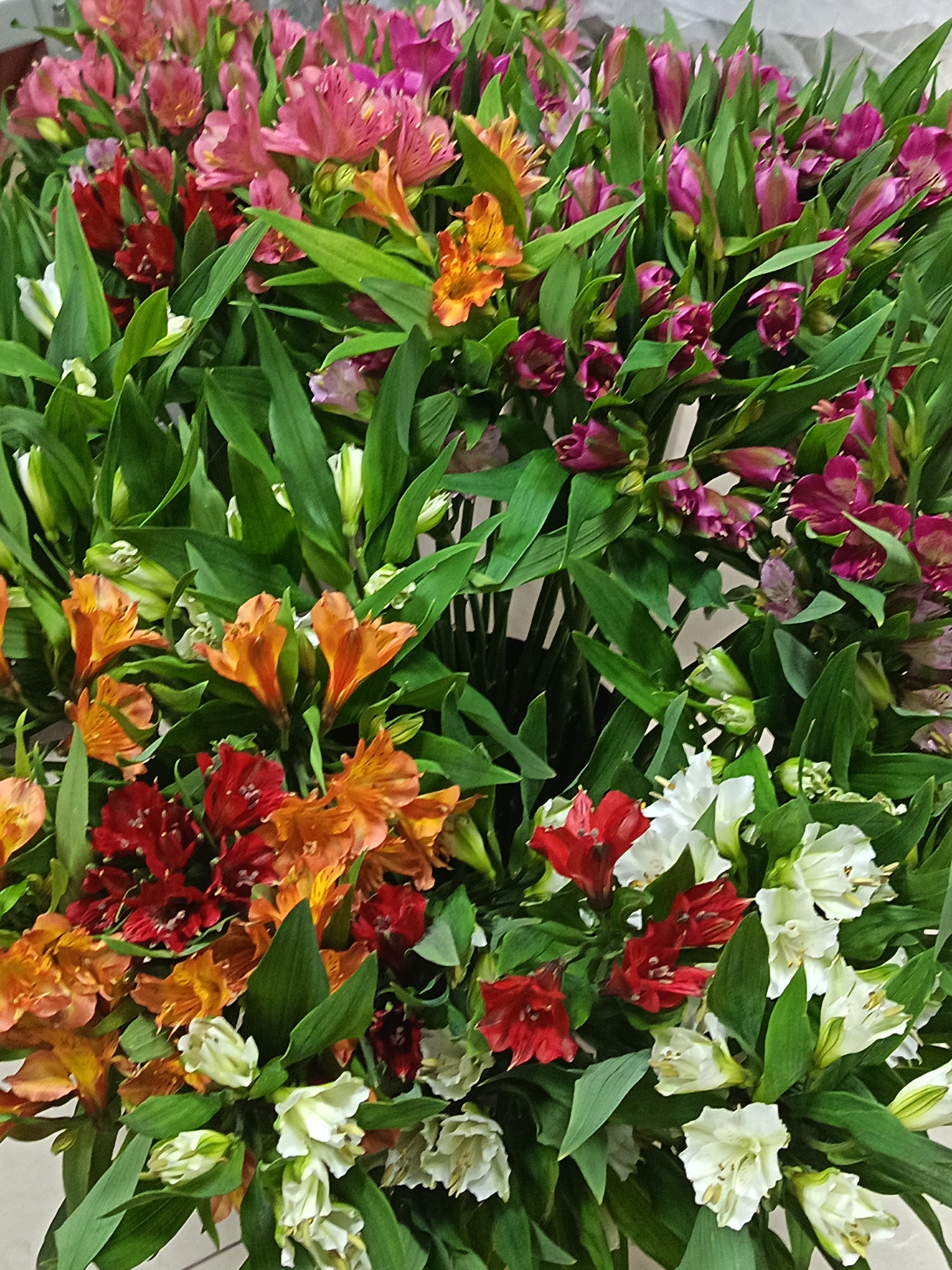 The image shows a dense bouquet of alstroemeria flowers in various colors, including pink, red, orange, purple, and white. The flowers are interspersed with green leaves. The background is blurry and indistinct, suggesting the bouquet is the main subject. There is no indication of the location being Nizhnevartovsk, Russia, in the image. No people or interactions are visible.
