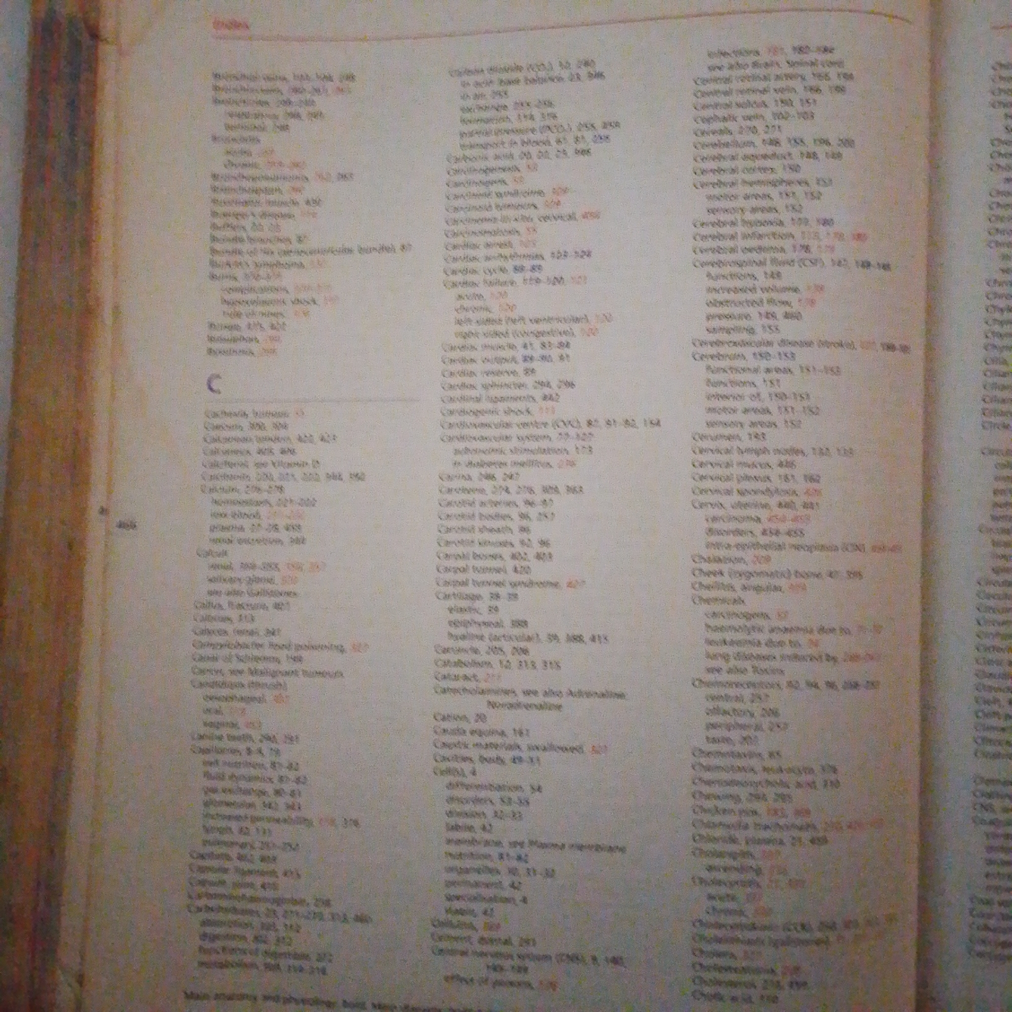 The image shows a page from an index of a book, likely a medical or scientific text. The text is organized alphabetically with terms and corresponding page numbers. The letter 'C' is prominently displayed, indicating the start of entries beginning with this letter. Specific entries visible include 'Cardio-pulmonary', 'Cardiovascular system', 'Carotid artery', 'Cartilage', 'Casein', 'Catecholamines', 'Cation', and 'Caverns'. The page appears to be from an older publication, judging by the font and layout. The background is a generic white, and there are no discernible features of any city, including Jalingo, Nigeria. The image is a close-up of the book's page, with no wider environmental context.