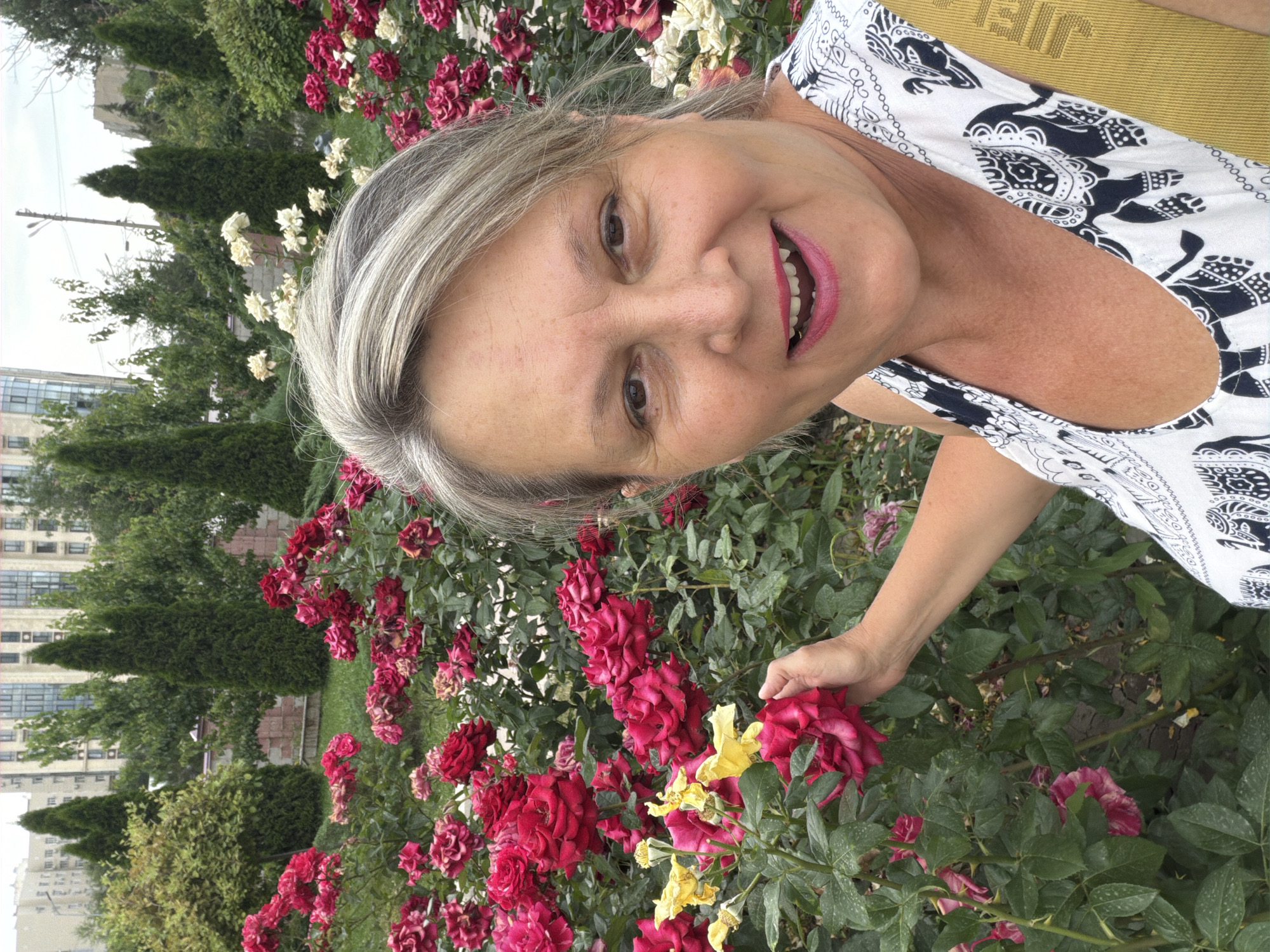 In this medium shot, a Caucasian woman with graying blonde hair and fair skin smiles directly at the camera, her mouth open. She wears a white sleeveless top adorned with a black elephant pattern. A yellow strap, likely from a bag, is visible over her right shoulder. The background is a lush garden filled with red and yellow roses. In the distance, a row of tall, dark green cypress trees stands against a backdrop of beige apartment buildings and a cloudy sky. The woman's left hand is raised, with her fingers lightly touching a deep red rose.
