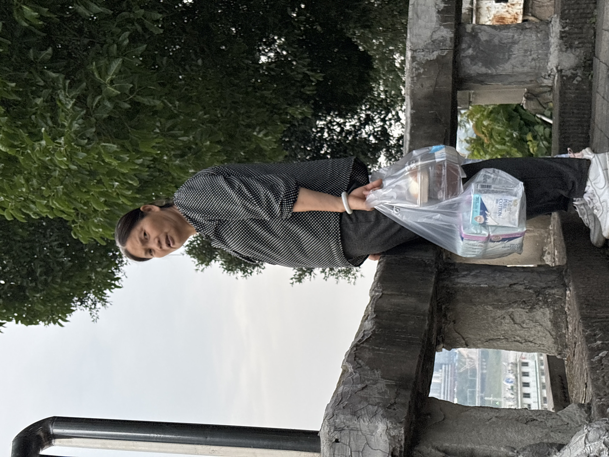 A woman stands on a stone wall, holding two plastic bags filled with items, one containing what appears to be food in containers and the other with packaged goods. She wears a black and white polka dot shirt, dark pants, and white athletic shoes. Her hair is pulled back. In the background, lush green trees and a cloudy sky are visible. Through an opening in the wall, a white boat navigates a body of water in what is likely the city of Jiangjin, China, identifiable by the architectural style of the distant buildings. The scene is captured outdoors, possibly on a bridge or elevated walkway, given the stone structure and view.