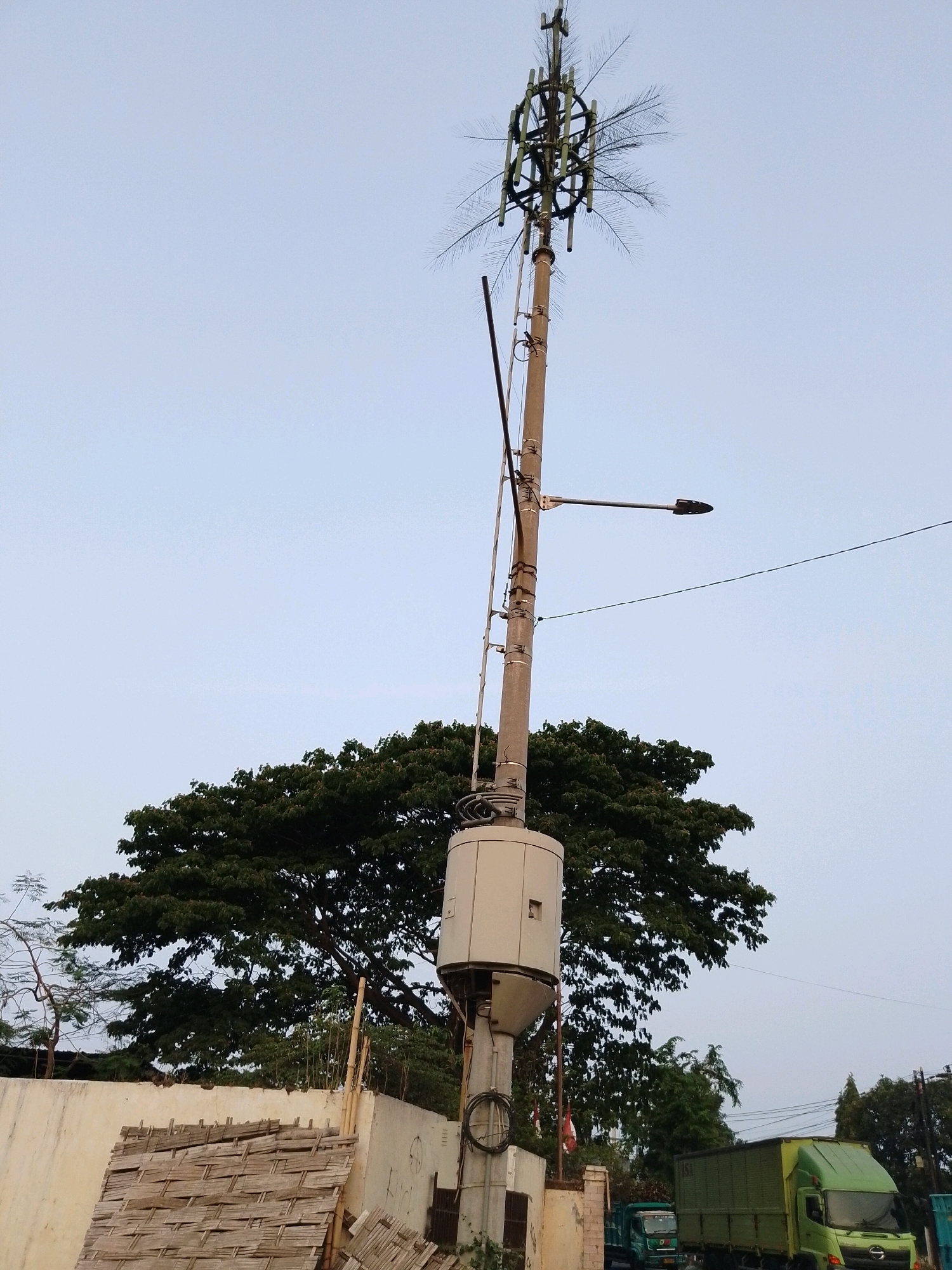 The image depicts a street scene in Pasuruan, Indonesia. Dominating the center is a tall pole with a cellular antenna at the top, designed to resemble a palm tree with its antenna array encircled by foliage-like structures. Attached to the pole at a lower level is a street lamp. Below the antenna array, a cylindrical equipment enclosure is mounted. A large, leafy tree is visible behind the pole, with its branches partially obscuring the sky. In the foreground, a beige wall is partially covered by a woven bamboo matting. To the right of the pole, two trucks are parked on a road, one a green box truck and another a dark green truck with a visible cab. The sky is overcast and a pale blue. The overall environment suggests an urban or semi-urban setting.