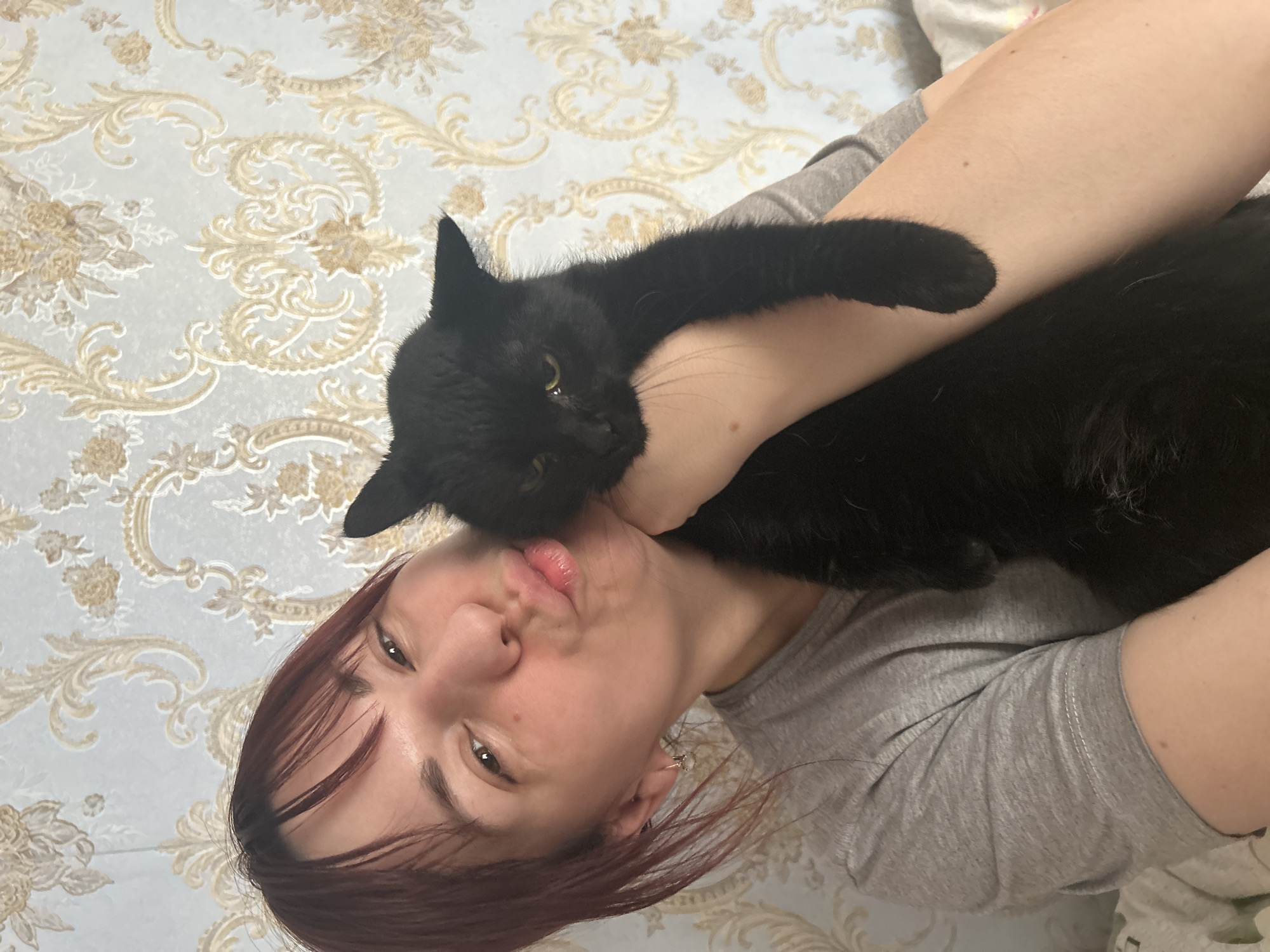 An indoor selfie captures a woman affectionately holding a black cat. The woman, who has reddish-brown hair, fair skin, and dark eyes, is seen with her head tilted, looking towards the camera. Her lips are pursed into a 'kissing face' or pout, conveying affection. She is wearing a plain grey t-shirt, and a small earring is visible on her left ear.
The black cat is cradled in her arms, its head resting against her face and neck area. The cat's front paws are draped over the woman's arm. It has sleek black fur and striking bright yellow-green eyes, with its whiskers clearly visible. The cat appears calm and content, suggesting a moment of comfort and interaction.
The background consists of a light blueish-grey wallpaper featuring an elaborate pattern of gold and beige ornate floral and scrollwork designs, characteristic of a classical or rococo style. The setting appears to be a home interior, likely on a bed or sofa, located in Фоки, Russia. No specific time of day can be determined from the indoor lighting. There is no visible text within the image. The photograph captures a tender and loving interaction between the woman and her pet.