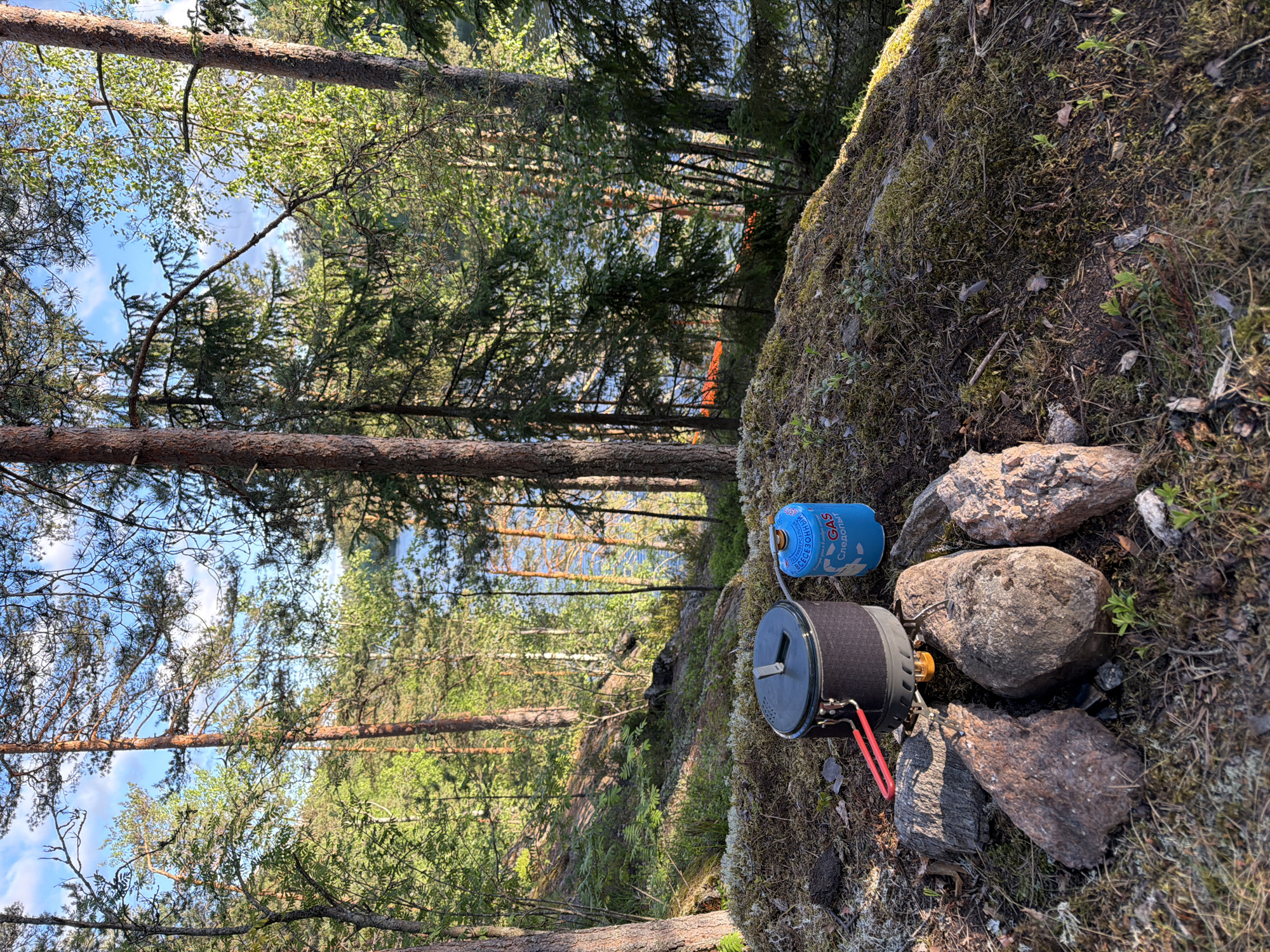 A cooking setup is placed on a moss-covered, rocky terrain overlooking a body of water. The scene is set amidst a dense forest with tall pine trees and dappled sunlight. A camping stove with a pot and a blue gas canister are positioned in the foreground, stabilized by several large rocks. In the background, a calm lake is visible through the trees, reflecting the sky. The overall impression is a serene wilderness setting, suggesting a campsite near Oyayarvi, Russia. There are no people present.