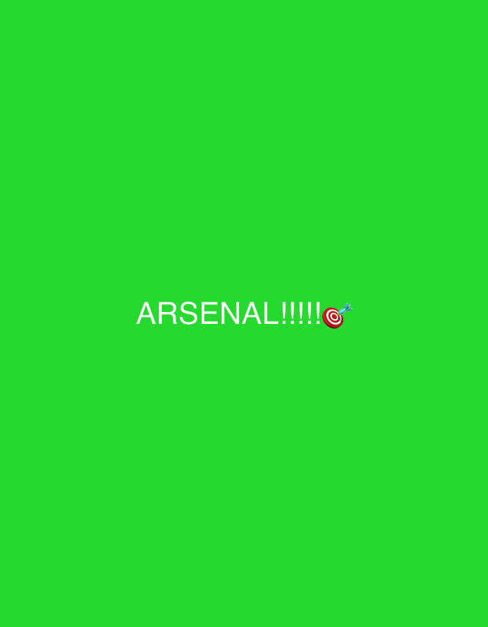 The image shows the text "ARSENAL!!!!!" in white font. To the right of the exclamation points is a target emoji with an arrow through the center. The background is a solid green color. There is no indication of the location being Jos, Nigeria, or any other city. There are no people, subjects, objects, actions, interactions, or any environment details visible in the image other than the text, emoji, and background color.