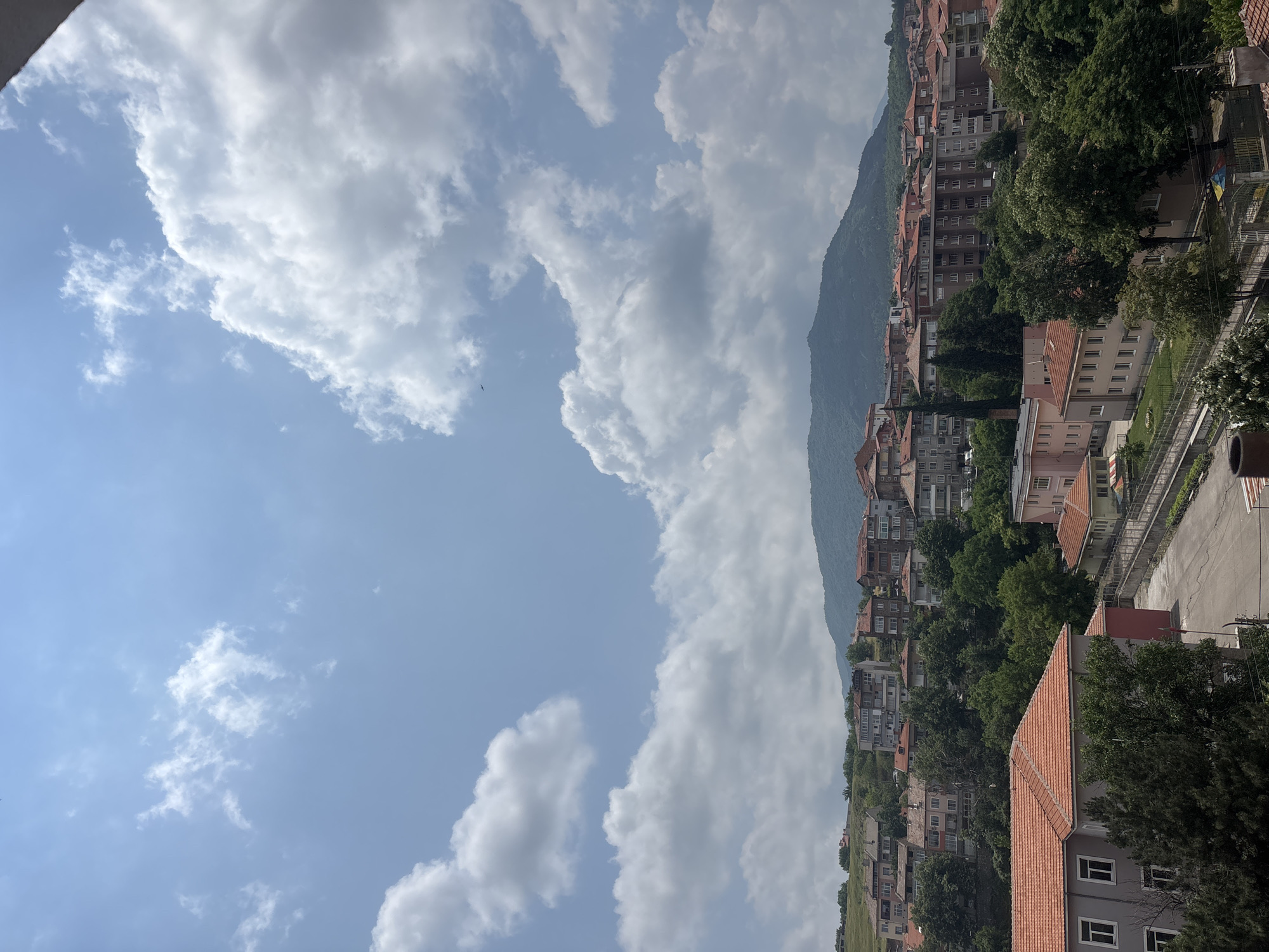The image presents a scenic panoramic view of a town, identified as Asenovgrad, Bulgaria, nestled against a steep mountain backdrop under a bright, cloudy sky. The perspective appears to be from an elevated position, looking down across rooftops and streets towards the larger landscape.
In the upper portion of the frame, the sky is a clear, vibrant blue, dotted with large, fluffy white cumulus clouds that cast soft shadows. Some smaller, wispy clouds are also visible. The overall impression of the sky indicates good weather, likely late morning or early afternoon, given the bright illumination.
The town occupies the middle and lower sections of the image, characterized by numerous residential buildings built into the hillside. Many of these structures feature distinctive reddish-orange tiled roofs, typical of the region, contrasting with various facade colors like grey, beige, and light pink. The buildings vary in size and style, some appearing as multi-story apartment blocks and others as individual houses. They are densely packed but also interspersed with abundant green foliage, including trees and bushes, particularly on the slopes and between properties, suggesting a green and verdant environment.
A paved road or street runs through the mid-ground, featuring a curb and what appears to be a metal fence or railing along one side. In the foreground, closer buildings with red tiled roofs and white-framed windows are visible, grounding the viewer's perspective.
Dominating the background on the right side is a large, dark mountain, its slopes covered in dense greenery, indicating a forested area. The mountain rises steeply behind the town, forming a natural boundary and a dramatic landscape element. No specific activities or people are visible, presenting a calm, static snapshot of the town and its natural surroundings. There is no visible text in the image.
