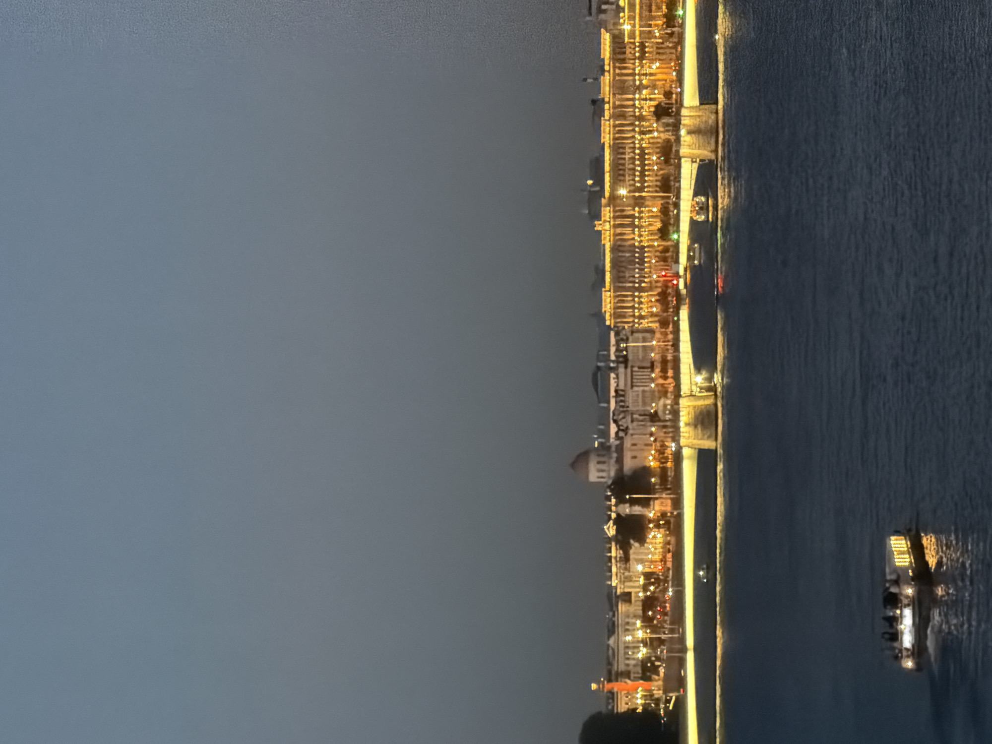 The image shows a nighttime view of the Palace Bridge and the Spit of Vasilievsky Island in Saint Petersburg, Russia. The city skyline is illuminated with warm, golden lights, highlighting the architecture of the buildings. The Palace Bridge spans across the Neva River, with a smaller boat visible near its center. In the foreground, a pleasure boat with several passengers is moving across the dark water, its lights reflecting on the surface. The sky is a deep, muted blue, characteristic of twilight or early night.