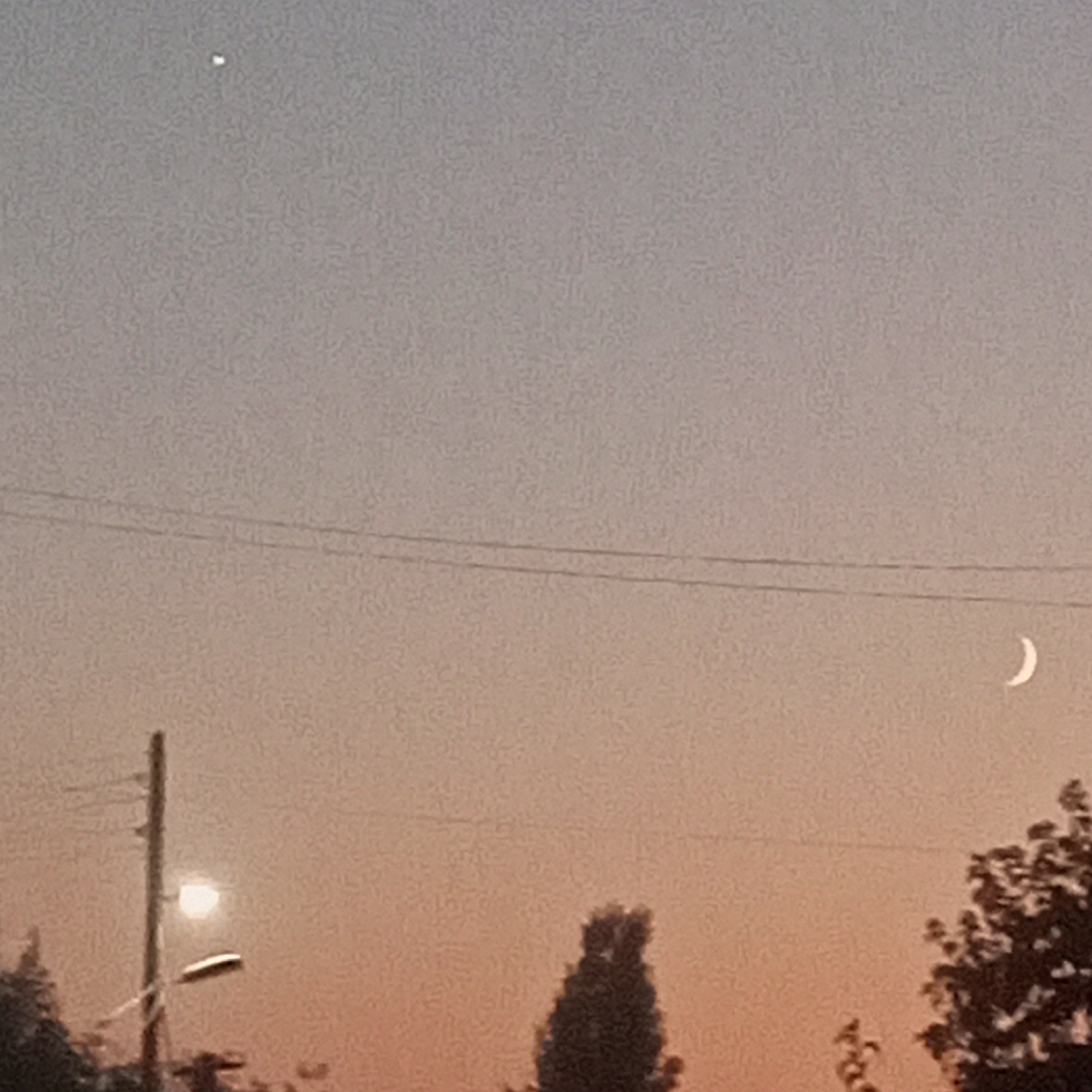 The image captures a twilight sky over Chighirik, Uzbekistan, with a gradient of pastel colors ranging from pale blue at the top to soft orange and pink at the bottom. In the upper left quadrant, a bright, small, white star or planet is visible. A crescent moon is positioned in the upper right quadrant. Two thin, dark horizontal lines, likely power lines, stretch across the mid-section of the frame. On the left side, a utility pole with electrical wires is prominent, with a light fixture attached to it. The bottom portion of the image features the silhouettes of trees and a distant, dark, conical tree shape. The overall scene is tranquil and atmospheric, indicative of the transition from day to night.