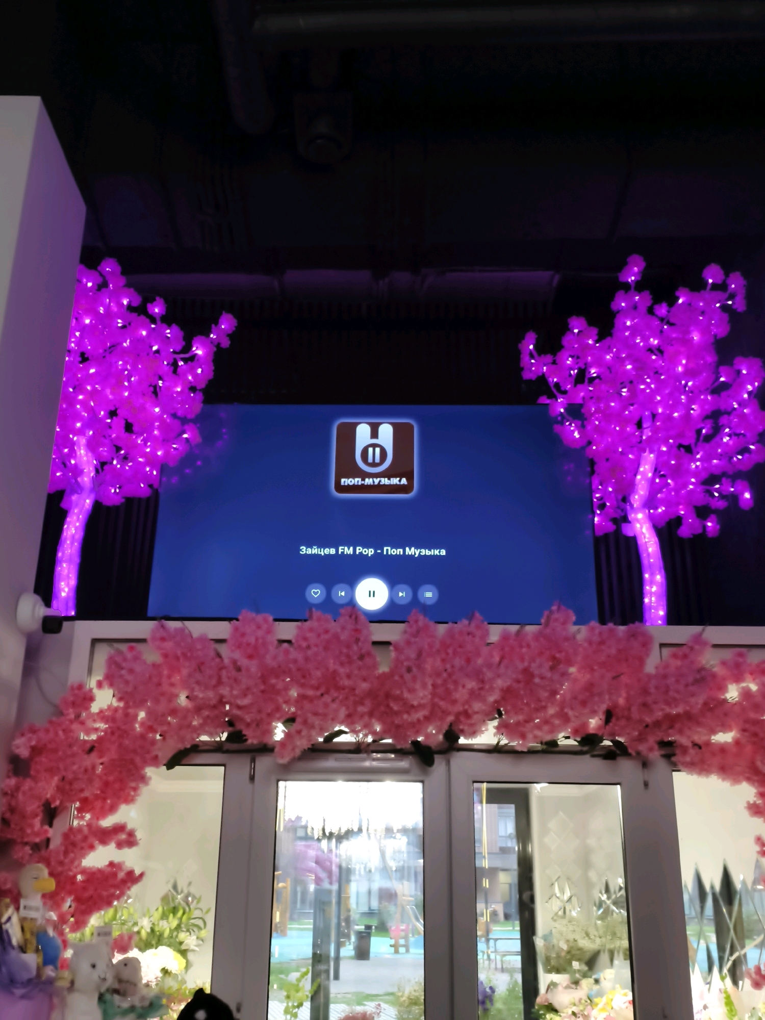 The image shows an indoor scene with a large screen displaying "Zaycev FM Pop - Pop Music" and the logo for "Pop-muzyka". Two illuminated pink cherry blossom trees are positioned on either side of the screen, their branches reaching upwards. Below the screen, a string of pink cherry blossoms arches over a doorway or window, with stuffed animals and other decorative items visible on a shelf or table in the foreground. The background visible through the doorway appears to be an outdoor area with playground equipment. The overall aesthetic suggests a festive or entertainment venue. There is no identifiable information in the image to confirm its location in Lyubertsy, Russia.