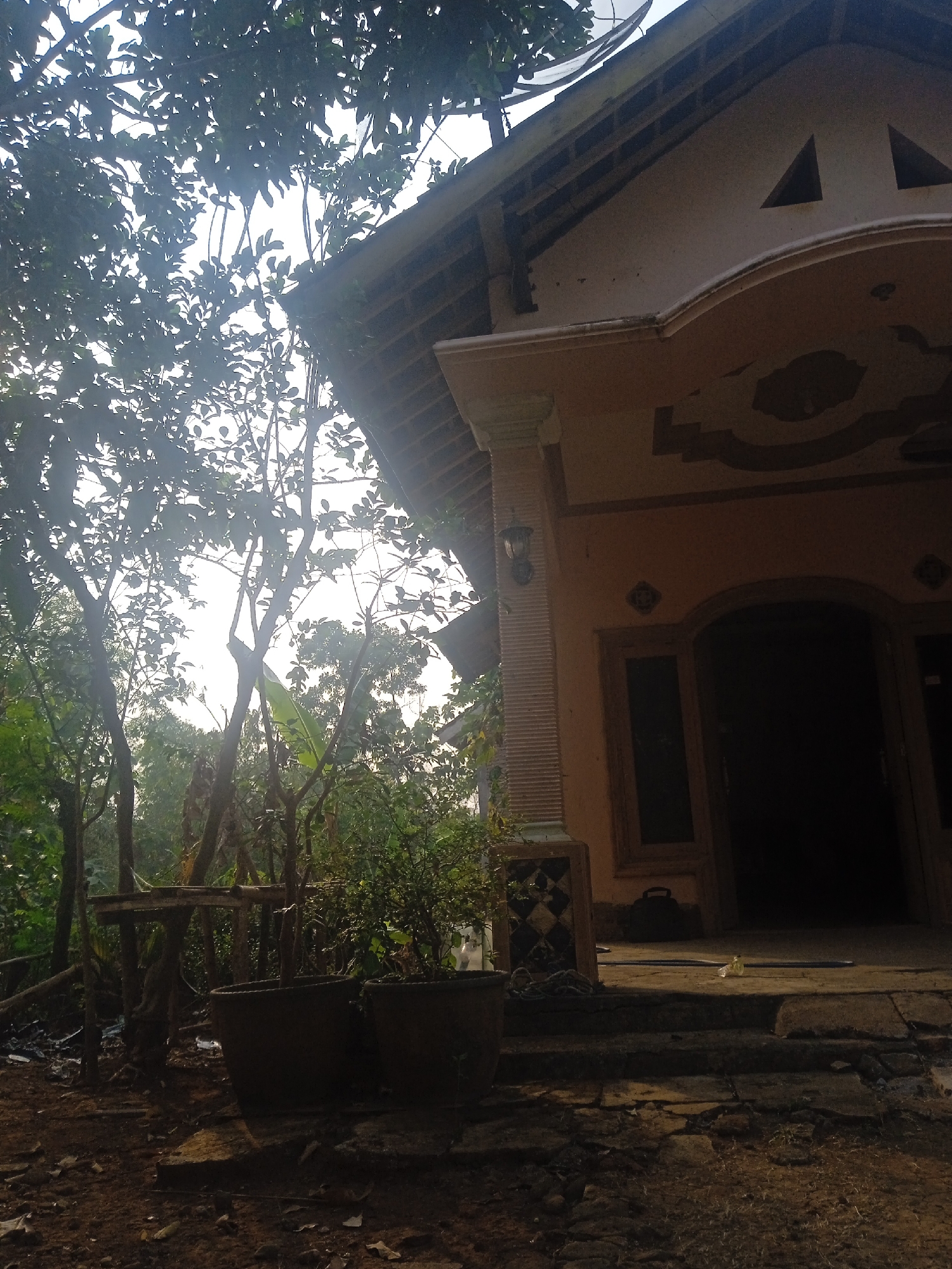 The image captures a view of a house in Jatisrono, Indonesia, seen from an outdoor perspective. The house has a light brown facade with an arched doorway leading into a dark interior. Above the doorway, there is decorative plasterwork. A small, outdoor lamp is attached to a pillar near the entrance. The roof of the house is visible, with wooden beams supporting it, and a satellite dish is mounted on the roof. In the foreground, there are two large, dark brown planters. Surrounding the house and planters is lush vegetation, with trees and foliage dominating the left and background of the image. The ground appears to be dirt and stone. The lighting suggests it is daytime, possibly late afternoon, with sunlight filtering through the leaves of the trees. There are no people visible in the image.