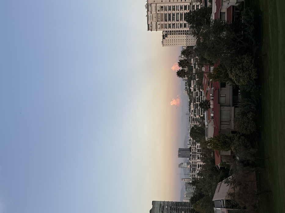 A landscape shot of a city skyline meets a gradient sky with hints of pink and orange. High-rise buildings and residential structures line the horizon, bordered by greenery including trees and grass. The sky transitions from light blue to a soft, colored haze. A few clouds are visible, tinged with sunset hues.
