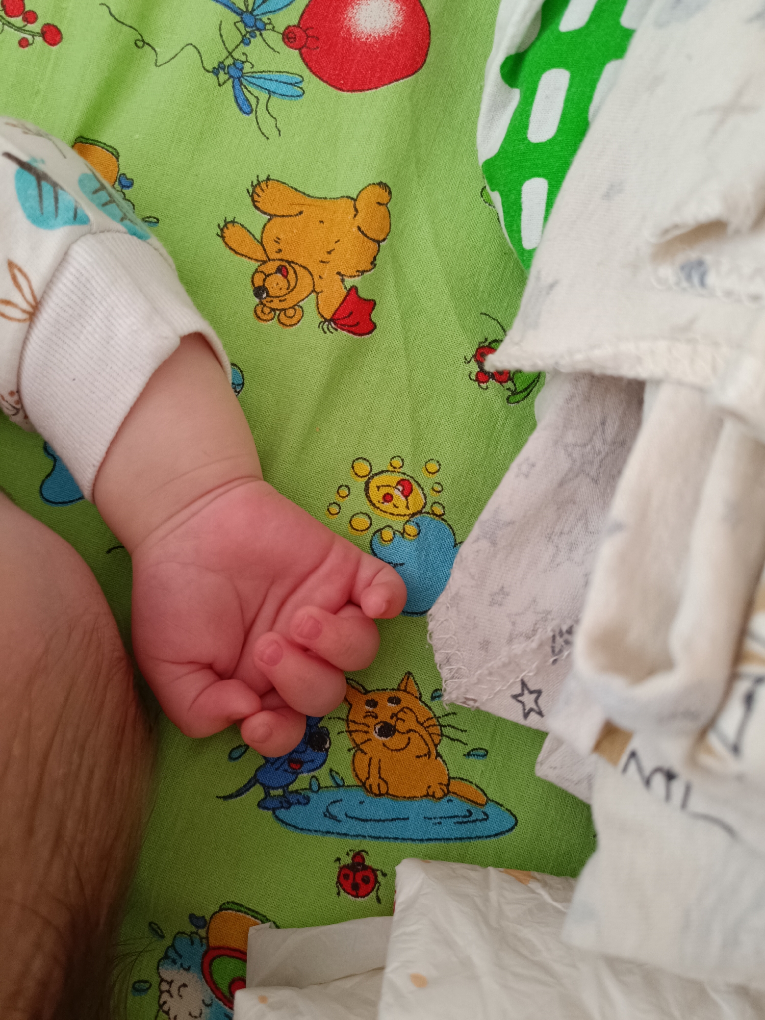 A close-up shows a baby's hand lying on a green patterned fabric. The fabric is decorated with cartoon-like images of animals, including a bear, a cat, and a ladybug. The baby's hand is small and pink, with the fingers curled. To the right of the baby's hand, there is a pile of white fabric with a star pattern. There is no information regarding the location of the image, or any information to confirm if it was taken in Tobolsk, Russia.
