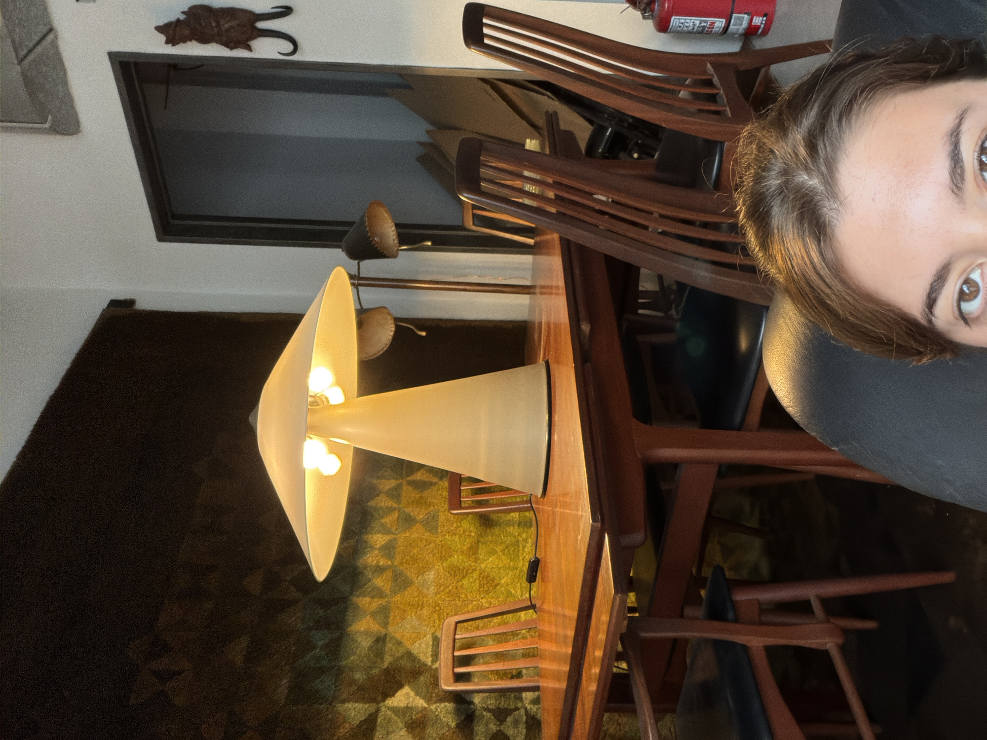 The media file captures an indoor setting, likely a dining or living area, in Buenos Aires, Argentina, illuminated by artificial light, suggesting evening or night. The main subjects include a woman, prominent on the right side of the frame, and a dining table surrounded by chairs.
The woman has brown hair and brown eyes, looking directly towards the viewer with a neutral expression. Her head and the top of her torso are visible.
The scene features a wooden dining table, partially covered by a distinctive mushroom-shaped or conical table lamp, which emits a warm, bright light from multiple exposed bulbs. A smaller, darker lamp is partially visible behind it. Several mid-century style wooden chairs with slatted backs and dark, possibly leather, seats are arranged around the table. A black power cable with an inline switch for the lamp rests on the table surface.
On the wall above what appears to be a dark window or doorway, a decorative, dark, animal-shaped carving or sculpture is mounted. Further up on the wall, a red cylindrical fire extinguisher is visible. Text on the extinguisher includes "PREMIO", "EXCEPCIONAL", "DRY CHEMICAL", and "A B C", along with a partially visible brand name that appears to be "MATRIGA".
The floor is covered by a patterned rug or carpet, featuring geometric designs in shades of green, yellow, and brown, with some darker areas. The overall atmosphere is intimate and domestic, with warm lighting highlighting the textures of the wooden furniture and the patterned rug. No specific activity is taking place beyond the woman's gaze at the camera.