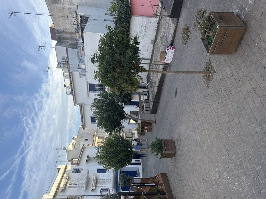 A pedestrianized square in Calella De Palafrugell, Spain, is depicted under a partly cloudy blue sky. The scene is framed by multi-story white buildings featuring traditional Mediterranean architectural elements, including balconies with white railings and louvered shutters, some blue and others white. Rooftops display multiple television antennas and air conditioning units. The ground is uniformly paved with grey rectangular pavers.
Four individuals are observed walking across the square from left to right in the mid-ground: an adult leading, followed by a child, and then two additional adults.
Vegetation consists of several small, round-canopied trees, some planted directly in the ground, and others contained within large square wooden planters. Smaller bushy plants are also present in planters and along building walls. Street furniture includes wooden benches with metal frames positioned along the right side of the square and two wooden waste receptacles near the center-left. On the right, adjacent to a slightly elevated concrete platform, a stack of white and red packaged materials is placed on the pavement, accompanied by a single brown cardboard box. A bright pink door or shutter is visible on a white building wall towards the right side of the image.
