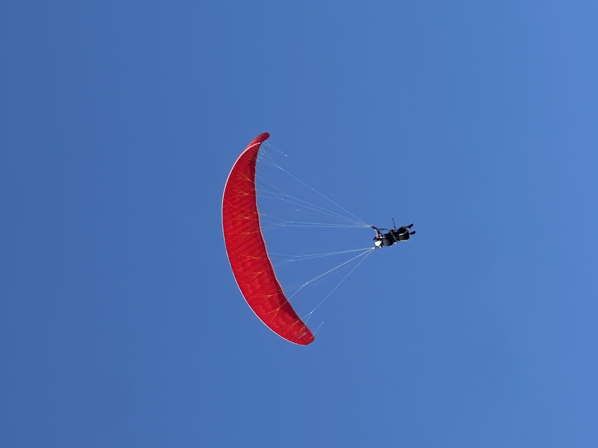 The image captures a paraglider in mid-flight against a clear blue sky. The paraglider is predominantly red, with its distinctive wing shape curved against the expanse of the sky. Below the wing, two individuals are suspended in a harness, appearing to be tandem paragliding. They are dressed in dark clothing and appear to be focused on the flight. Thin lines connect the harness to the paraglider wing, demonstrating the aerodynamic principles at play.
The scene is set in Kuta Selatan, Indonesia, suggesting a tropical location. The bright, cloudless sky indicates a sunny day, likely during daylight hours. The vastness of the sky and the solitary presence of the paraglider evoke a sense of freedom and adventure. No visible text is present in the image.