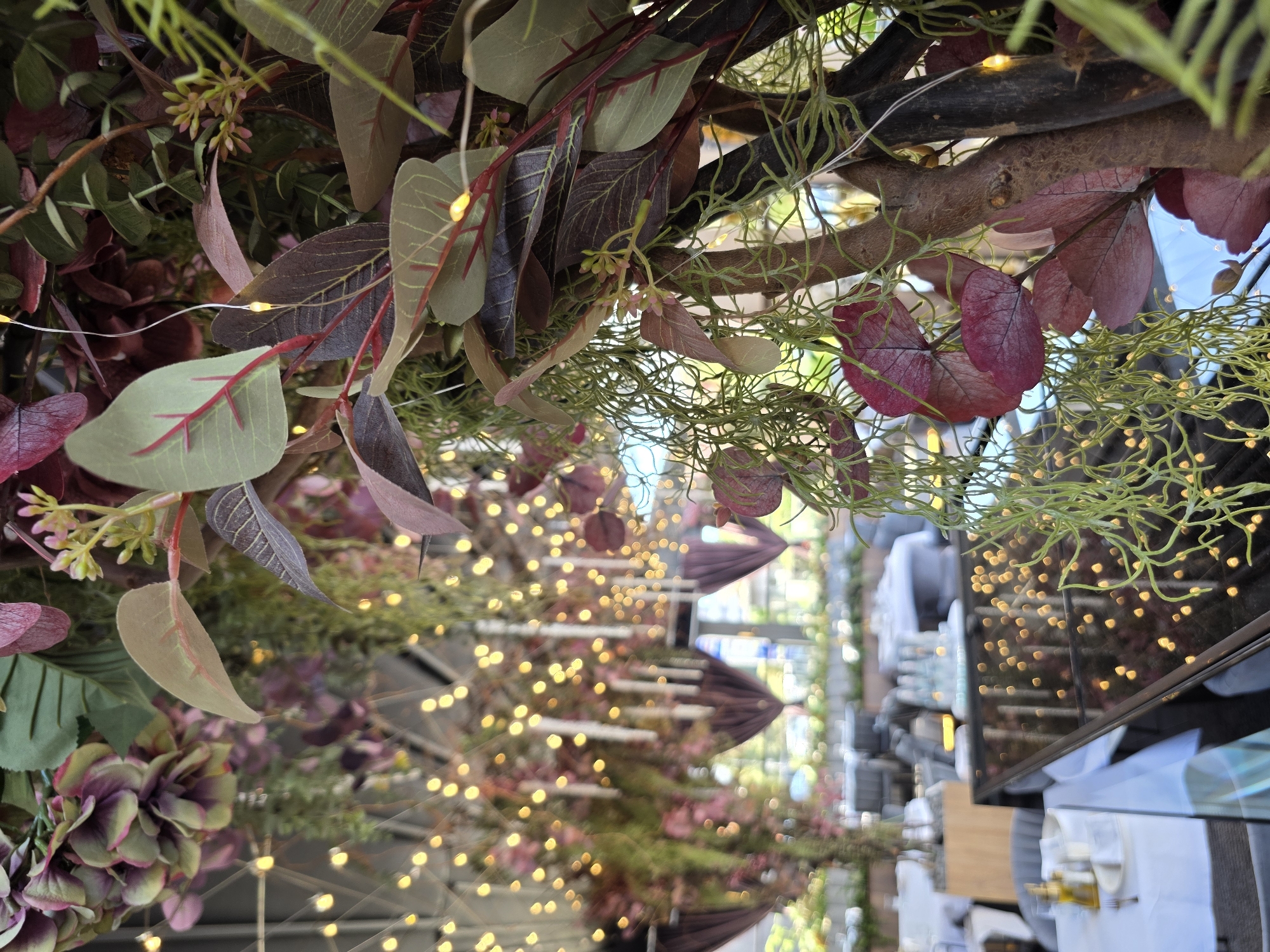 The image shows an overhead view of an outdoor seating area, possibly a restaurant or cafe, decorated with lush greenery and fairy lights. The focus is on the natural elements of the decor, including various leaves in shades of green, burgundy, and purple, as well as delicate green tendrils. Small, bud-like flowers are also visible. Strands of white fairy lights are woven throughout the foliage, casting a warm glow and creating a festive atmosphere.
In the background, out of focus, tables and chairs can be seen, suggesting a place where people gather. The lighting and the type of decor imply it might be evening or nighttime, or an indoor space with simulated outdoor lighting. The overall impression is one of a charming and inviting setting, perhaps for a special occasion or a relaxed evening out. The image is captured from a perspective looking down and slightly sideways, with the natural elements dominating the foreground. No people are clearly discernible, nor is there any visible text.