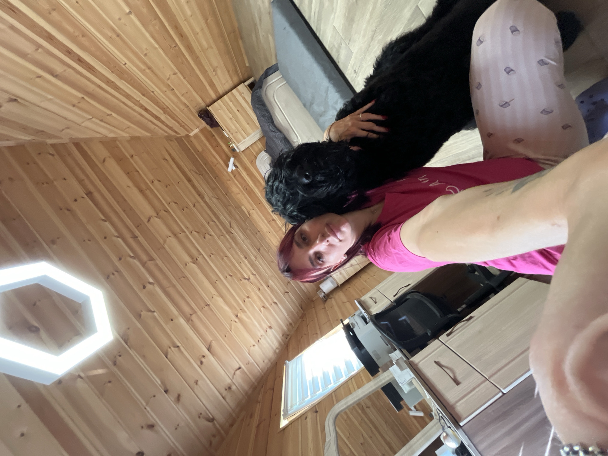 An indoor, wide-angle selfie taken by a woman with pink hair, wearing a pink t-shirt, and light pink pajama pants with a pattern of light purple shapes resembling spoons, while embracing a large, black dog. The woman's left arm is extended, holding the camera. The dog is partially obscuring the woman's face. The background reveals a room with wooden paneled walls and ceiling. A hexagonal light fixture is visible on the ceiling. To the left, there is a mirrored cabinet, a printer, and an office chair. Further back, a bed with grey bedding and two cushions is visible, along with a wooden dresser. The floor is light-colored wood laminate. The location is the city of Nagorny, Russia.